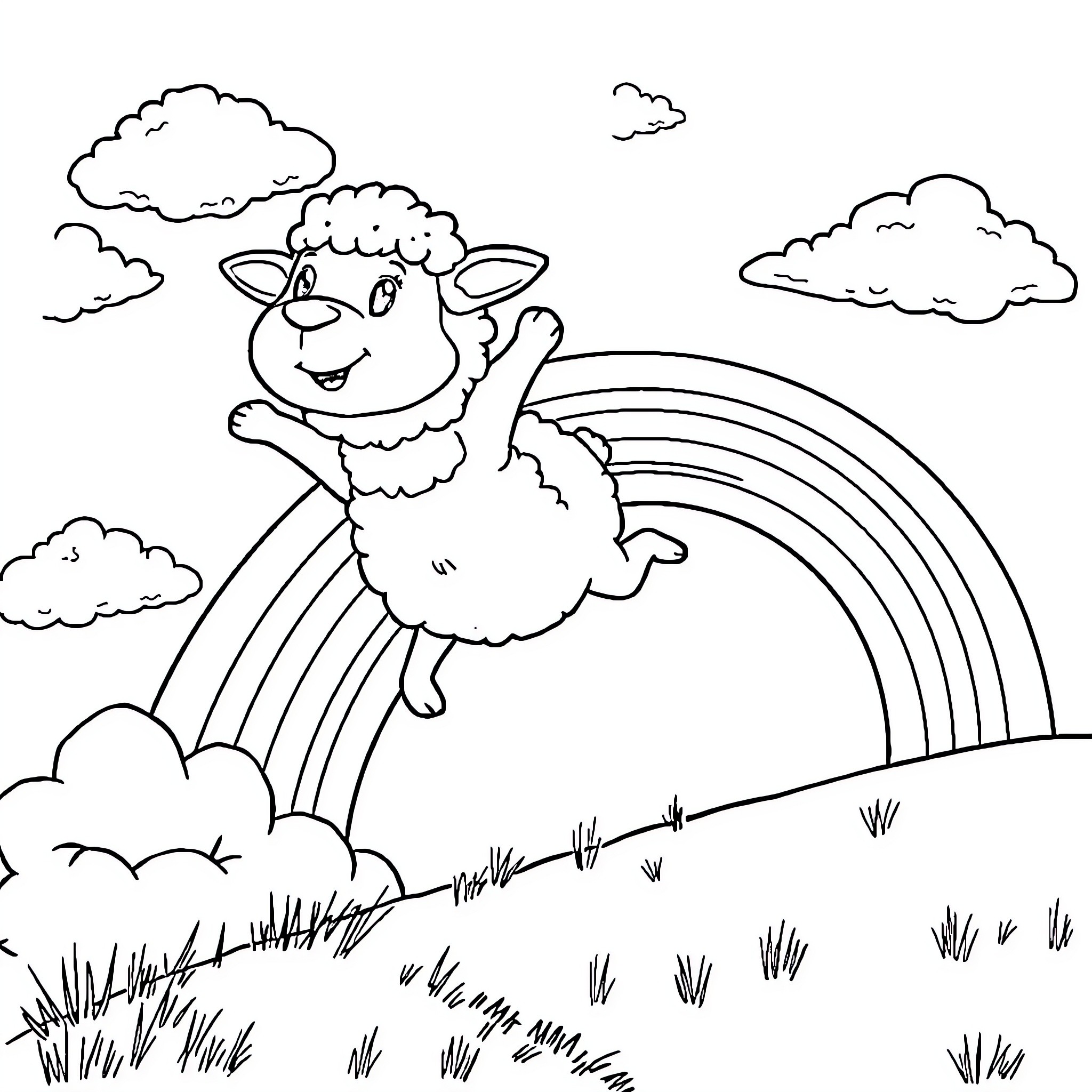 Sheep jumping happily with a rainbow Coloring Page (free black-and-white line drawing printable PDF for all, from beginners to advanced learners, including children, teens, adults, and seniors)