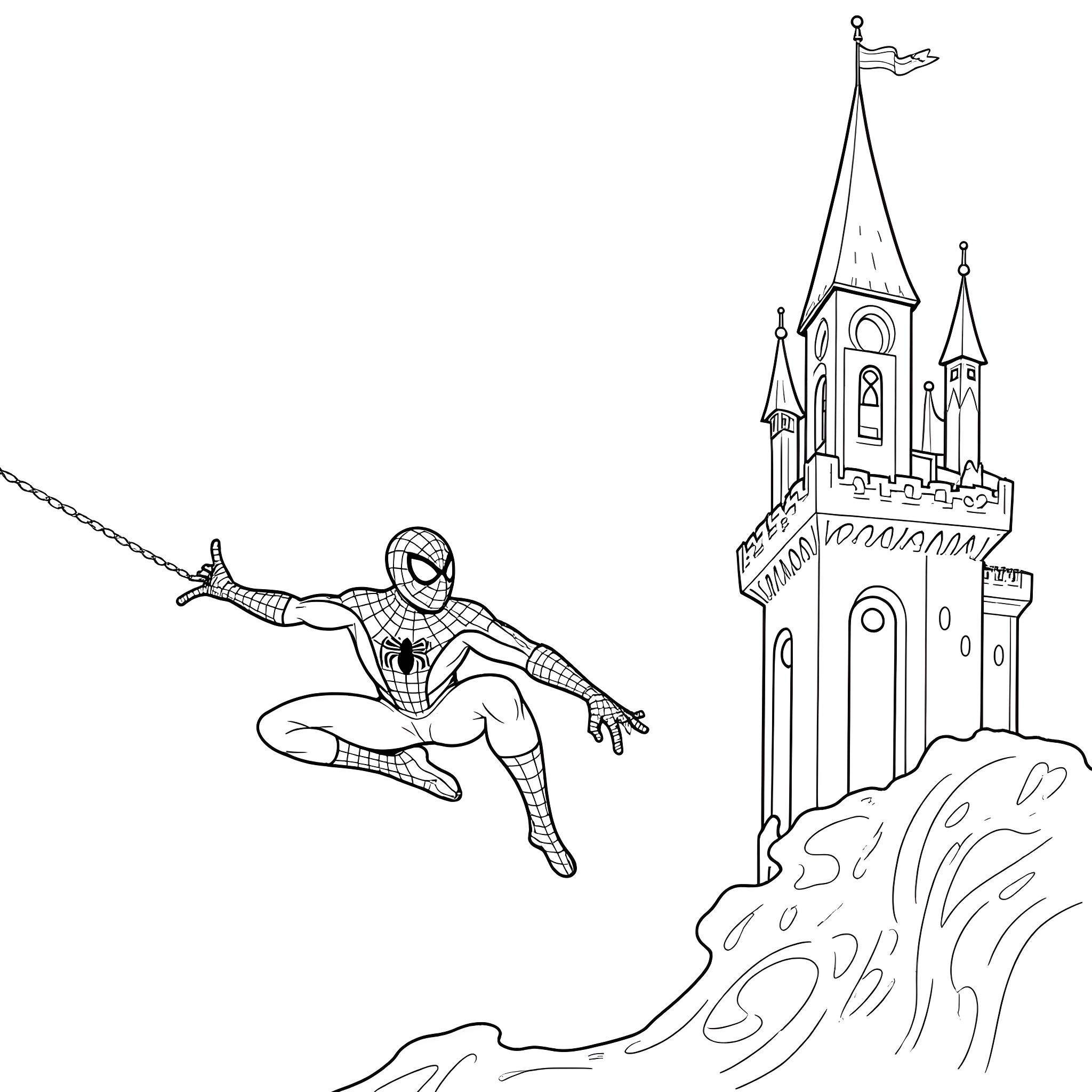 Spiderman swinging through the city towards a castle Coloring Page (free black-and-white line drawing printable PDF for all, from beginners to advanced learners, including children, teens, adults, and seniors)