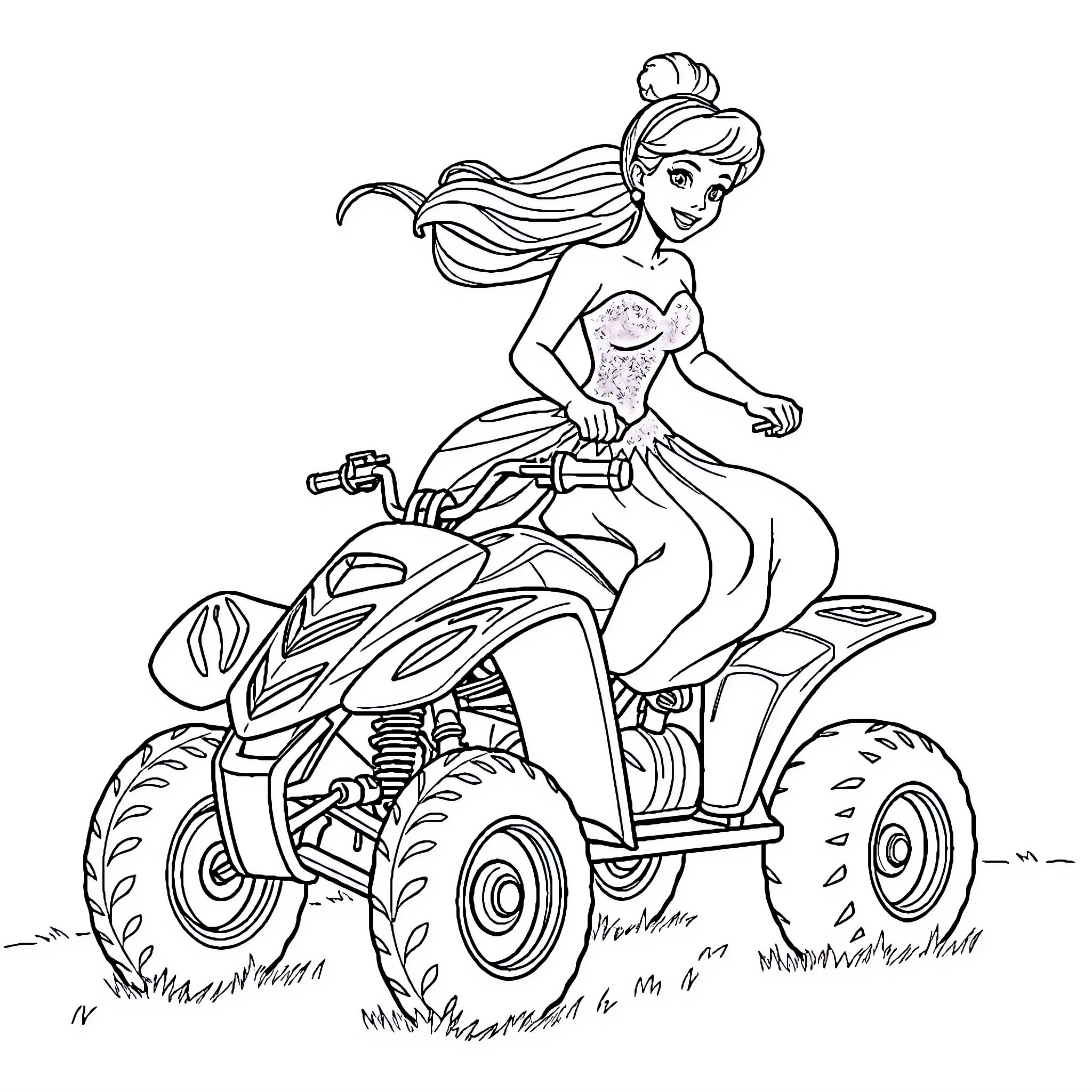 Cinderella riding a quad bike in the countryside Coloring Page (free black-and-white line drawing printable PDF for all, from beginners to advanced learners, including children, teens, adults, and seniors)