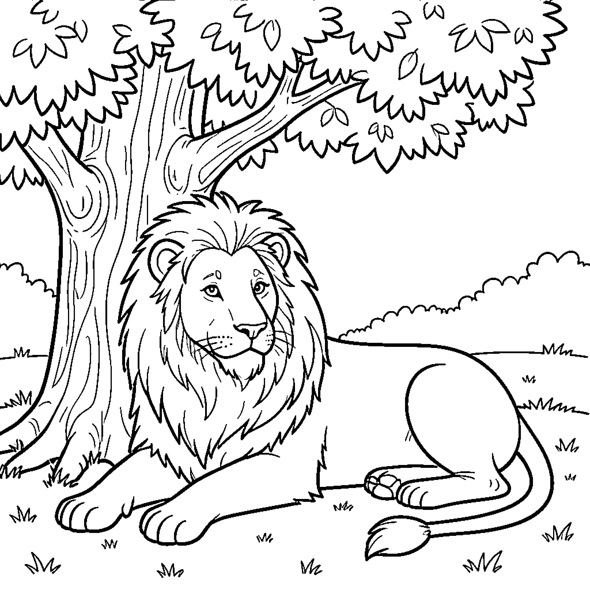 Lion resting peacefully in the forest Coloring Page (free black-and-white line drawing printable PDF for all, from beginners to advanced learners, including children, teens, adults, and seniors)