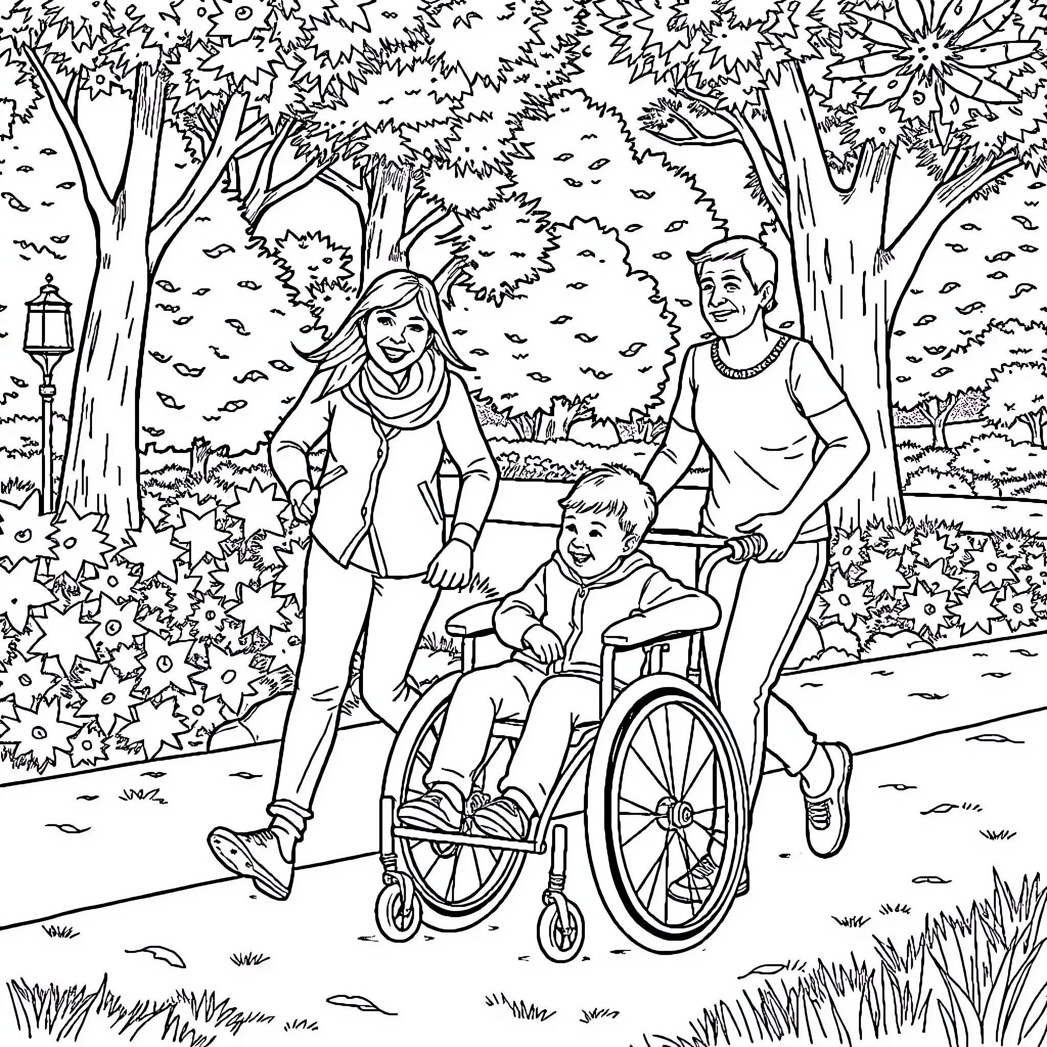 Family enjoying outdoor park stroll Coloring Page (free black-and-white line drawing printable PDF for all, from beginners to advanced learners, including children, teens, adults, and seniors)