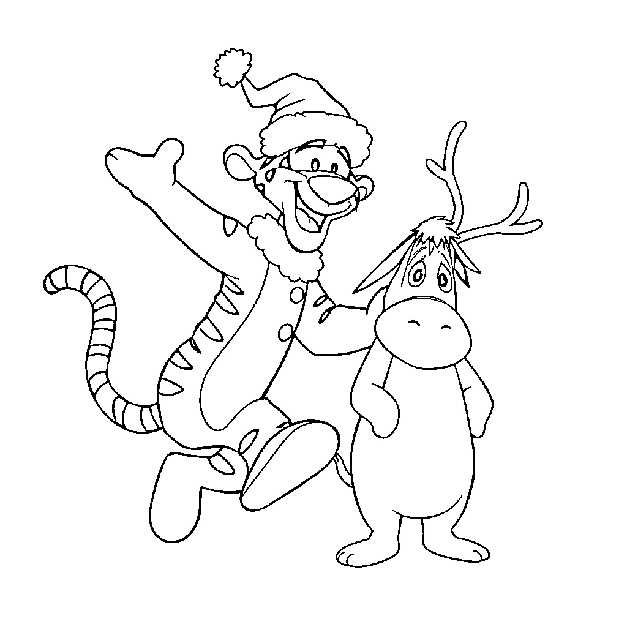 Tigger and Eeyore celebrating the holidays Coloring Page (free black-and-white line drawing printable PDF for all, from beginners to advanced learners, including children, teens, adults, and seniors)