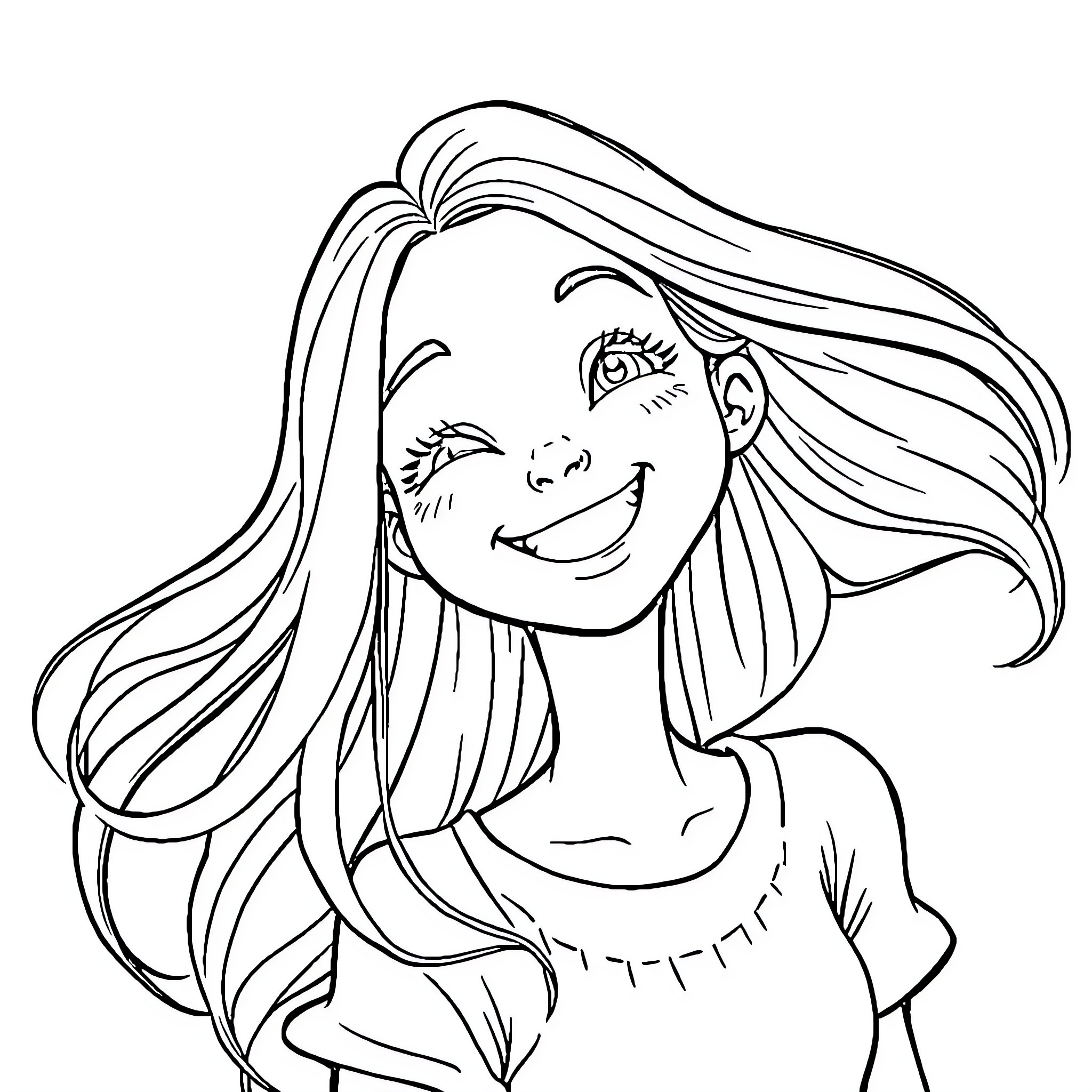 Gabby's Charming Smile and Flowing Hair Coloring Page (free black-and-white line drawing printable PDF for all, from beginners to advanced learners, including children, teens, adults, and seniors)