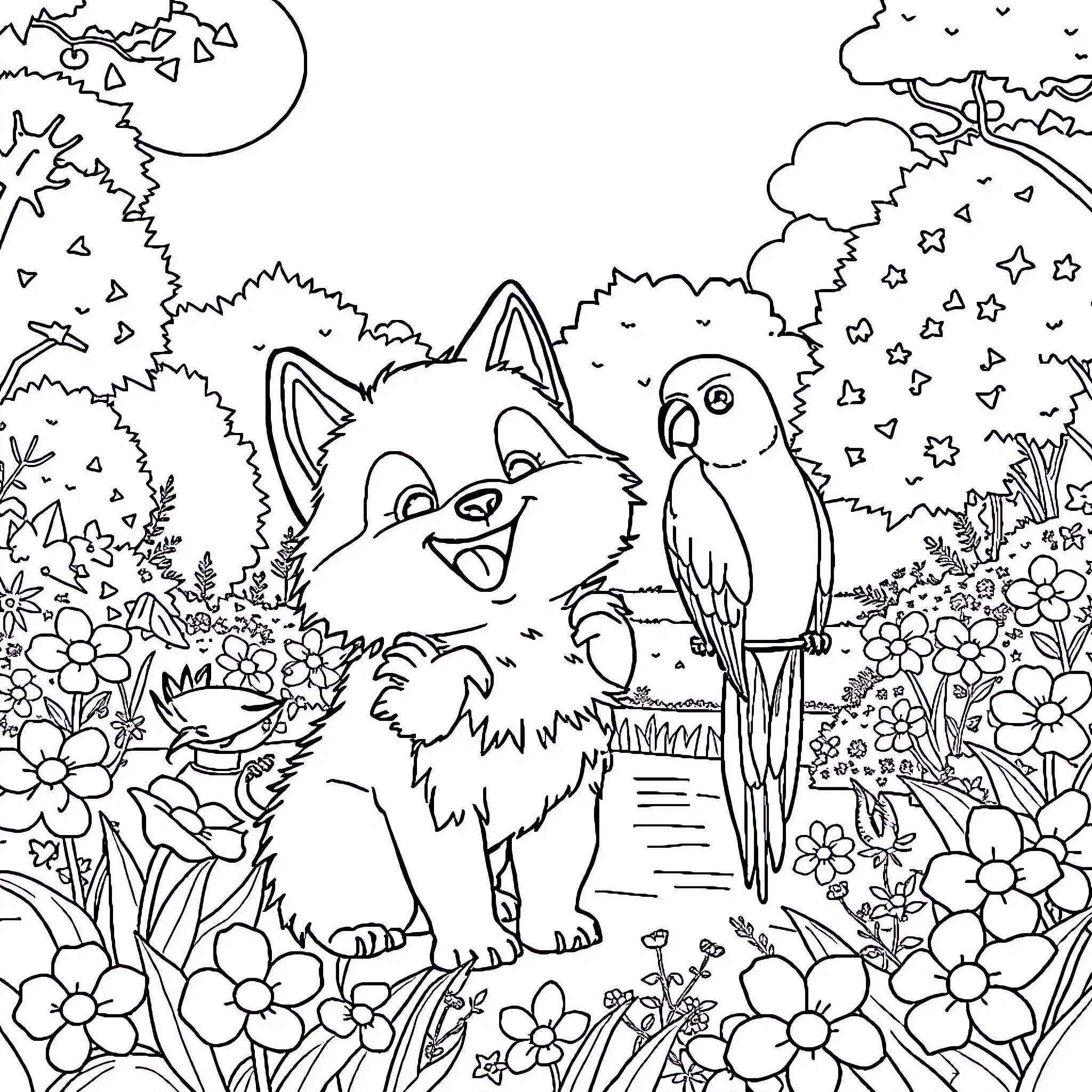 Shih Tzu playing with parrot in a floral garden Coloring Page (free black-and-white line drawing printable PDF for all, from beginners to advanced learners, including children, teens, adults, and seniors)