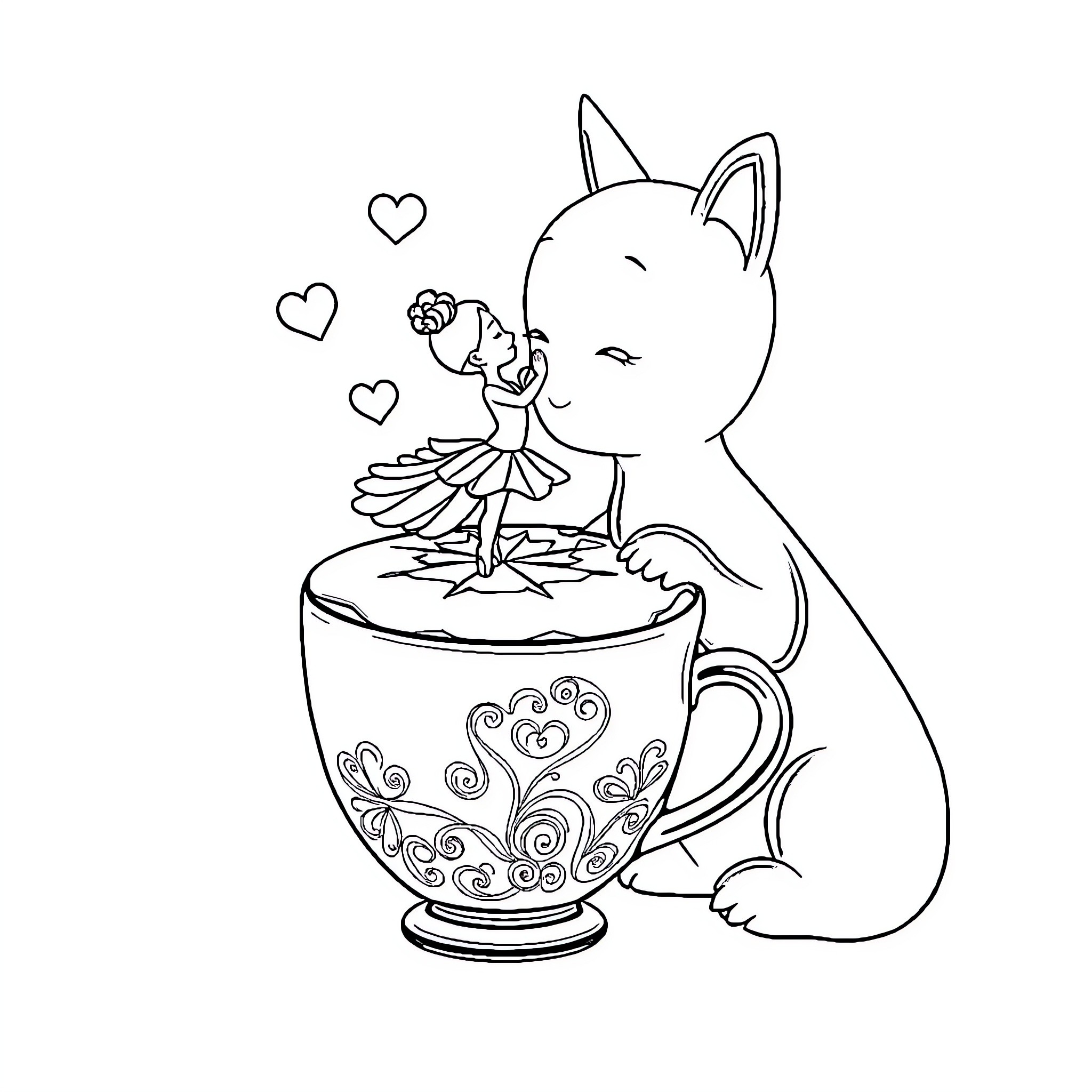 Ballerina performs graceful dance inside teacup Coloring Page (free black-and-white line drawing printable PDF for all, from beginners to advanced learners, including children, teens, adults, and seniors)