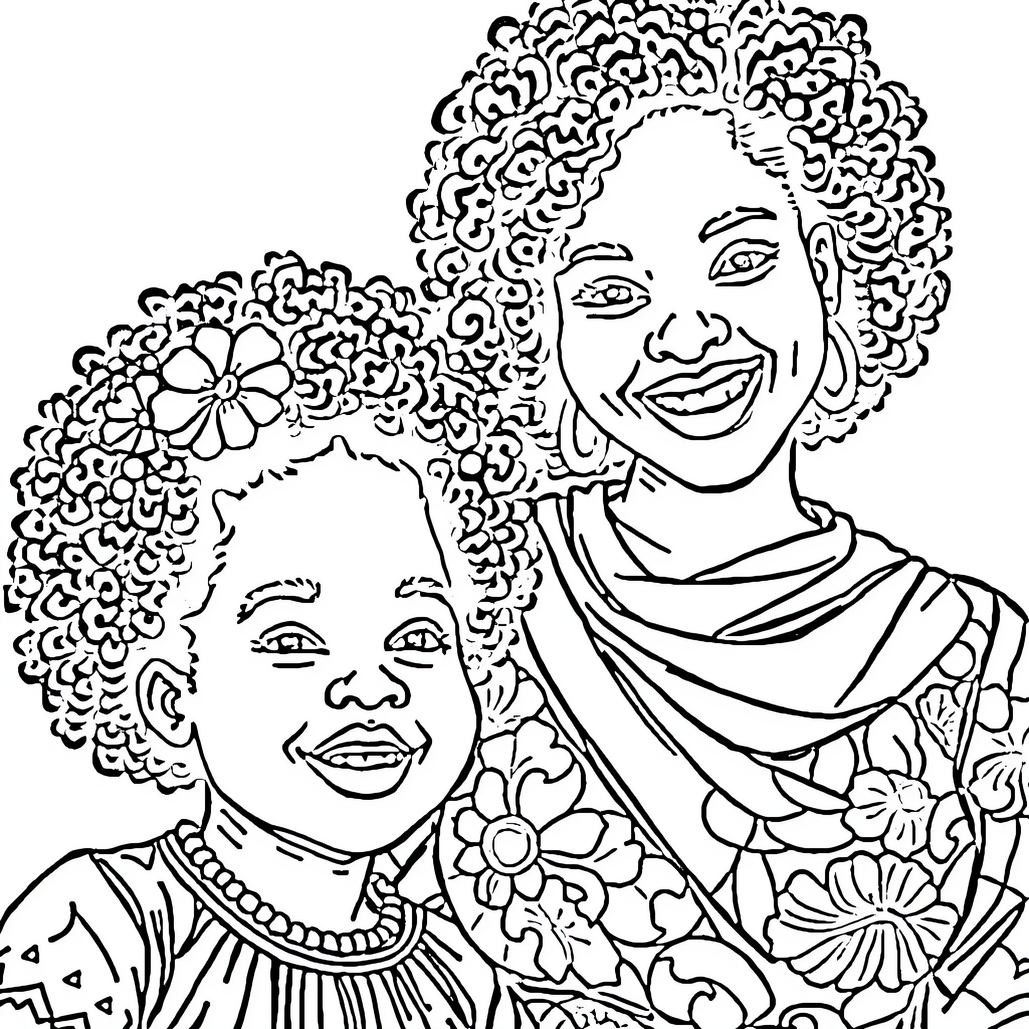 Mother and child sharing a warm embrace Coloring Page (free black-and-white line drawing printable PDF for all, from beginners to advanced learners, including children, teens, adults, and seniors)