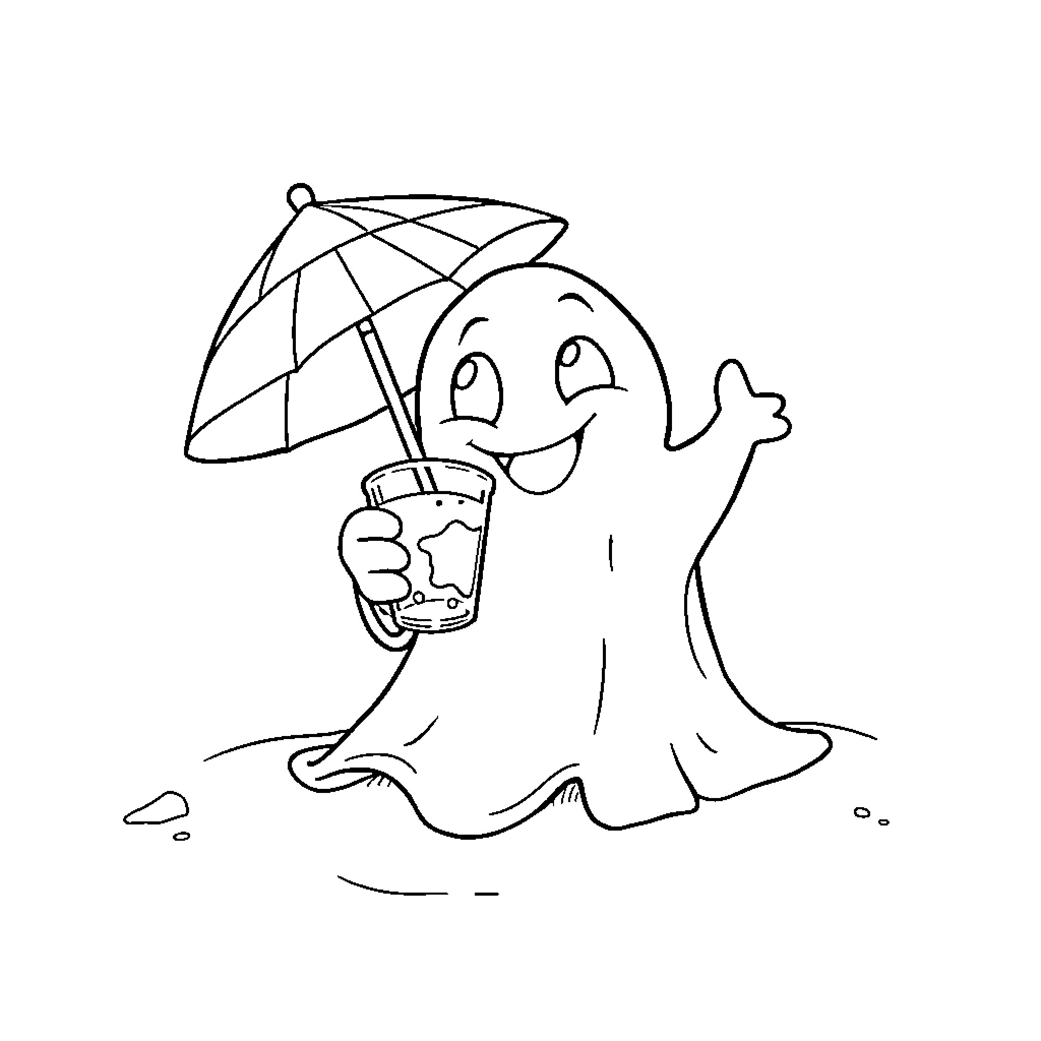 Ghost with umbrella enjoying a refreshing drink Coloring Page (free black-and-white line drawing printable PDF for all, from beginners to advanced learners, including children, teens, adults, and seniors)