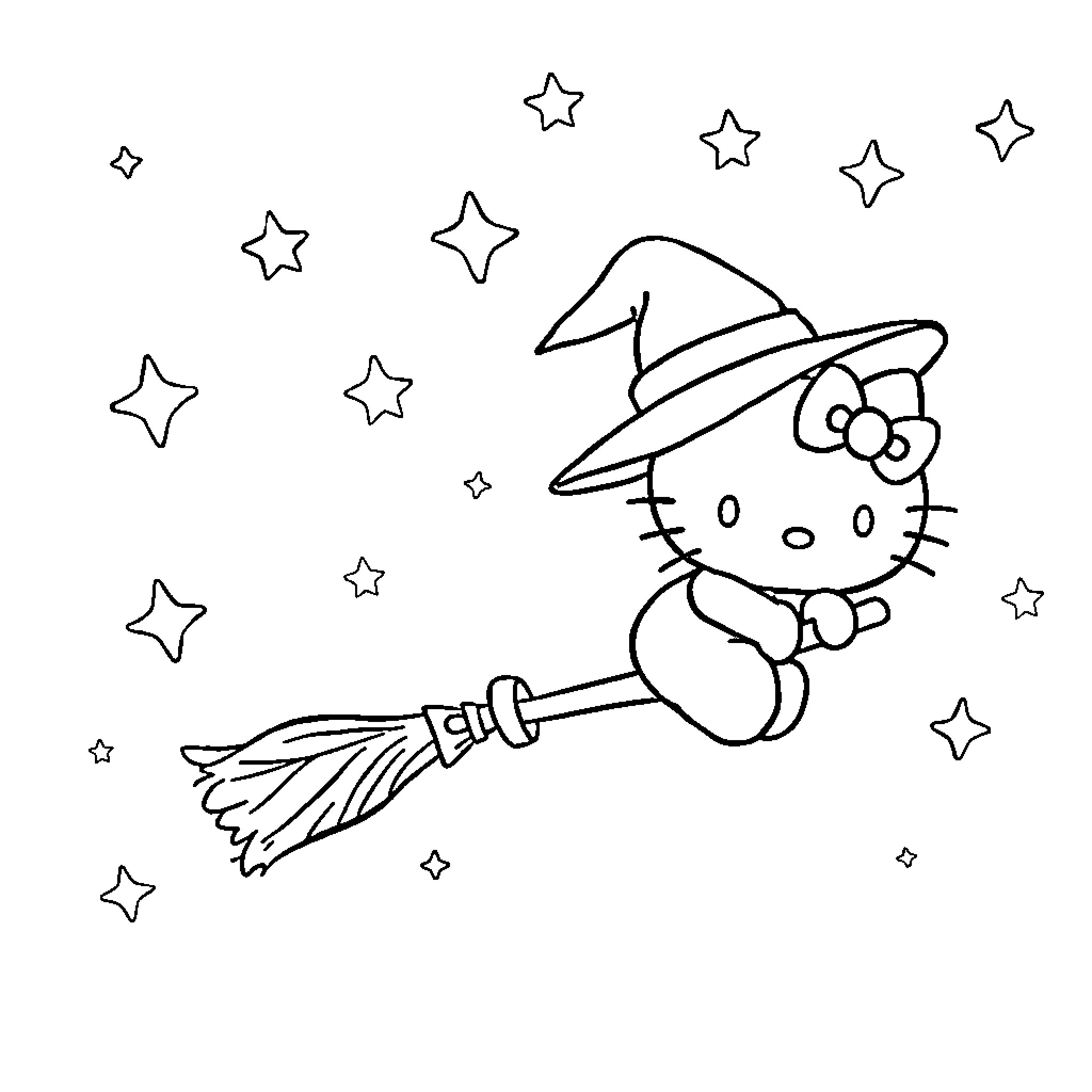 Hello Kitty riding a broomstick among the stars Coloring Page (free black-and-white line drawing printable PDF for all, from beginners to advanced learners, including children, teens, adults, and seniors)