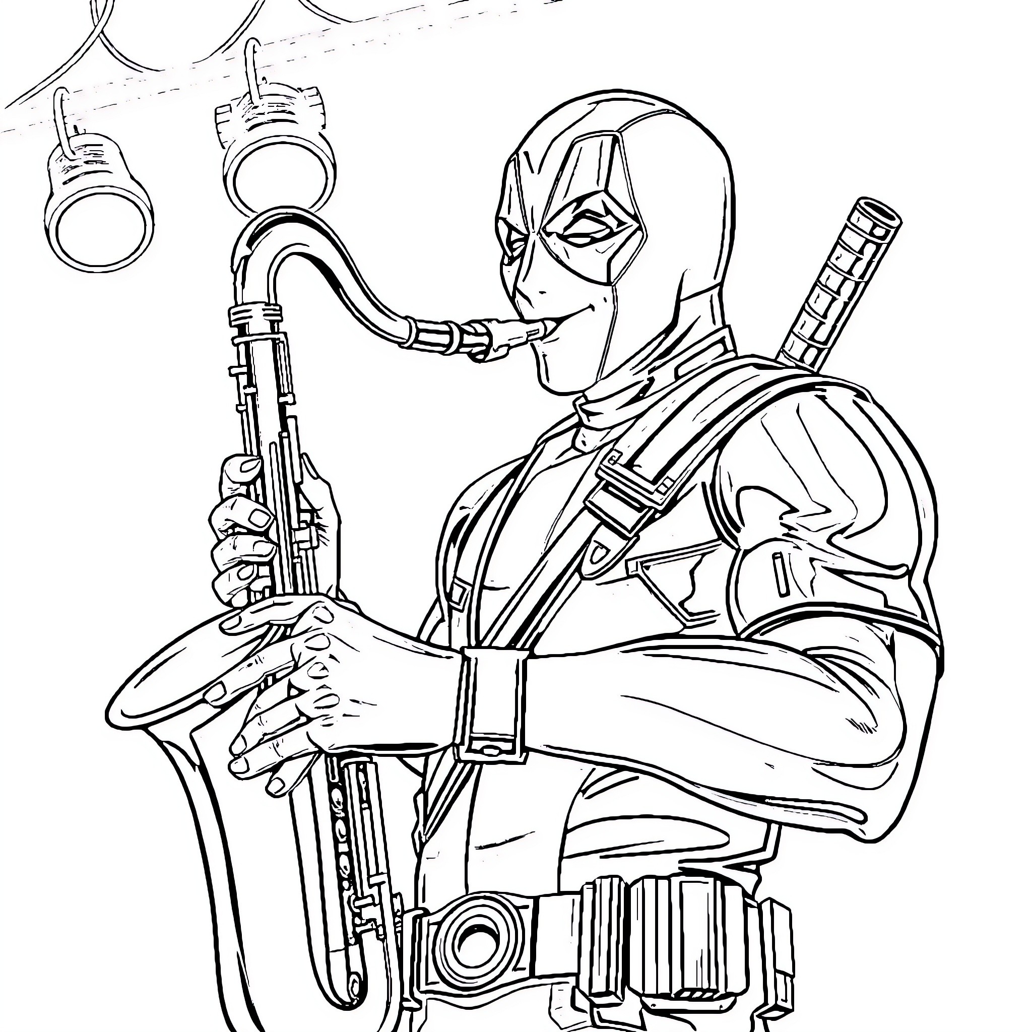 Deadpool playing saxophone in a dramatic pose Coloring Page (free black-and-white line drawing printable PDF for all, from beginners to advanced learners, including children, teens, adults, and seniors)