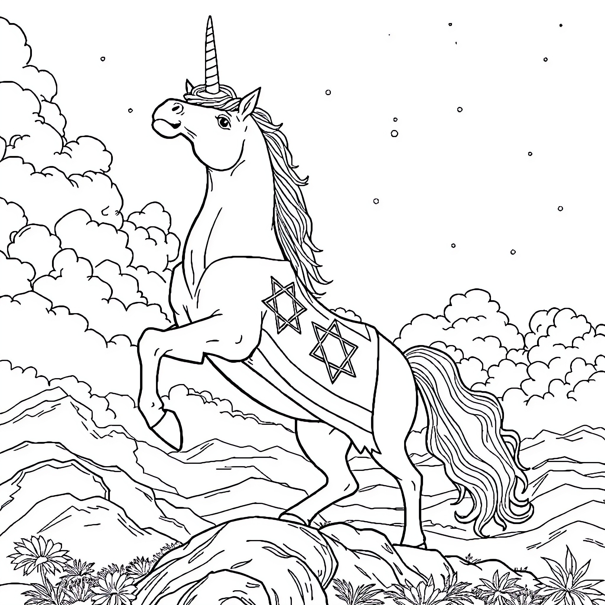 Unicorn Galloping Through Whimsical Landscape Coloring Page (free black-and-white line drawing printable PDF for all, from beginners to advanced learners, including children, teens, adults, and seniors)