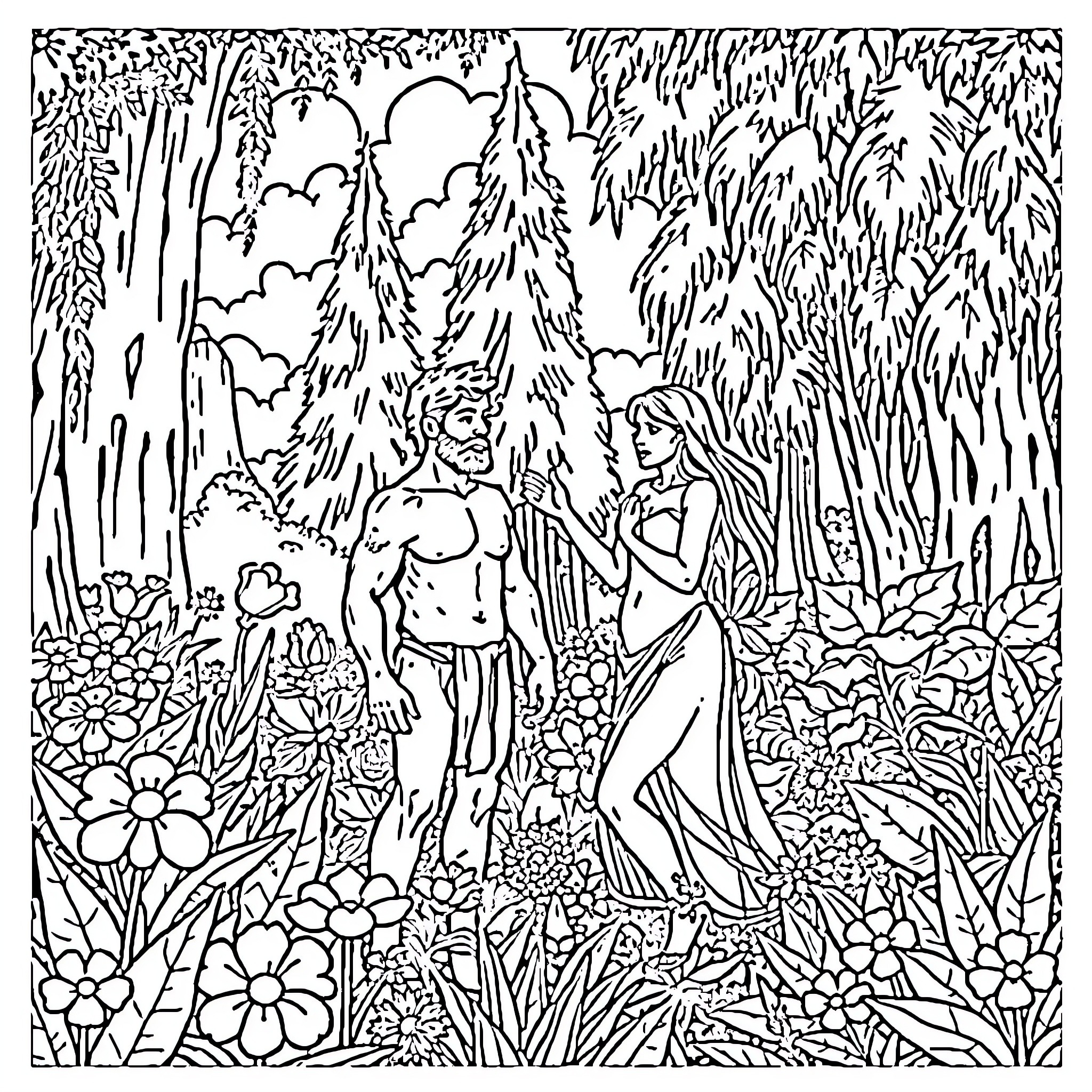 Adam and Eve in the Garden of Eden Coloring Page (free black-and-white line drawing printable PDF for all, from beginners to advanced learners, including children, teens, adults, and seniors)