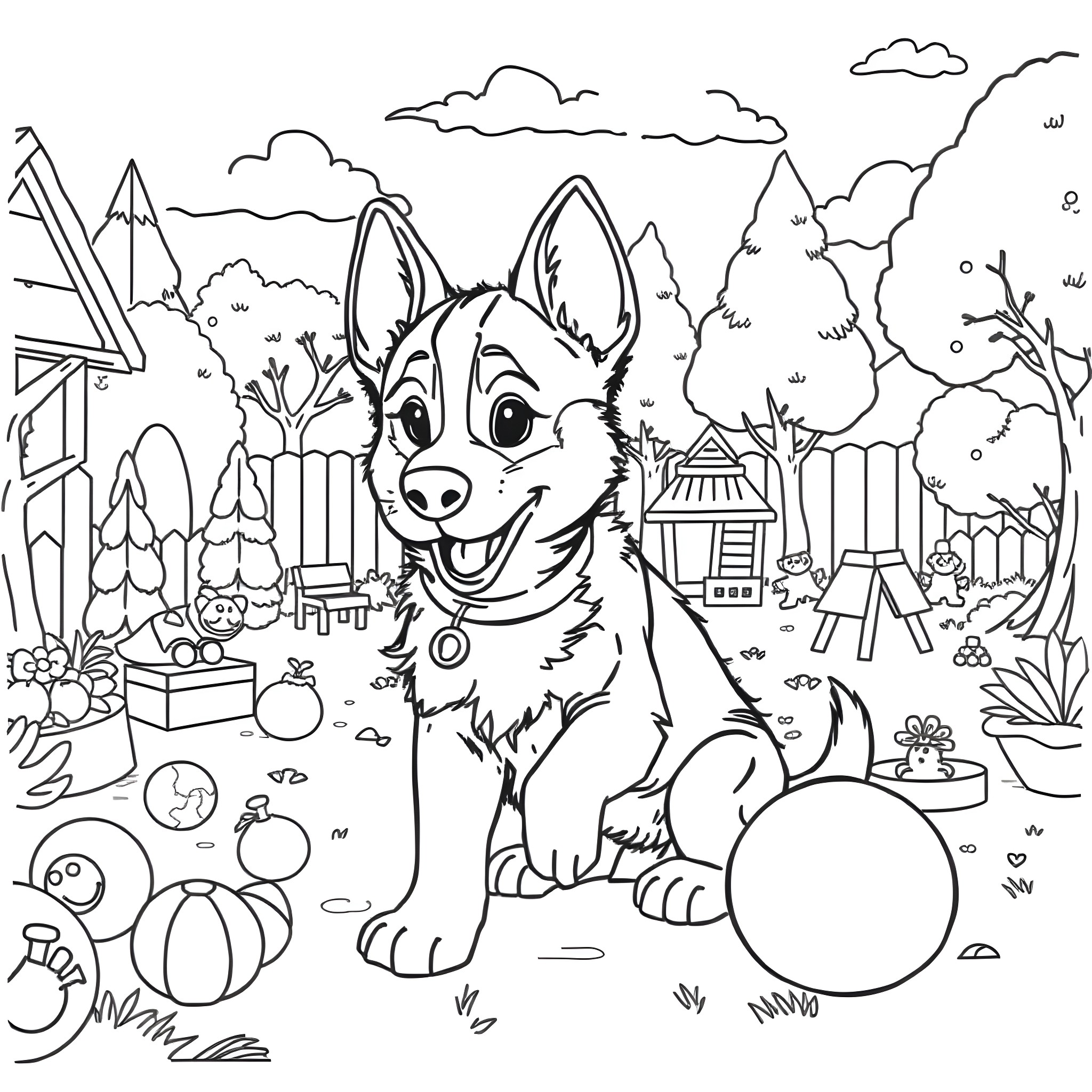 Bluey playing joyfully in the outdoor scene Coloring Page (free black-and-white line drawing printable PDF for all, from beginners to advanced learners, including children, teens, adults, and seniors)