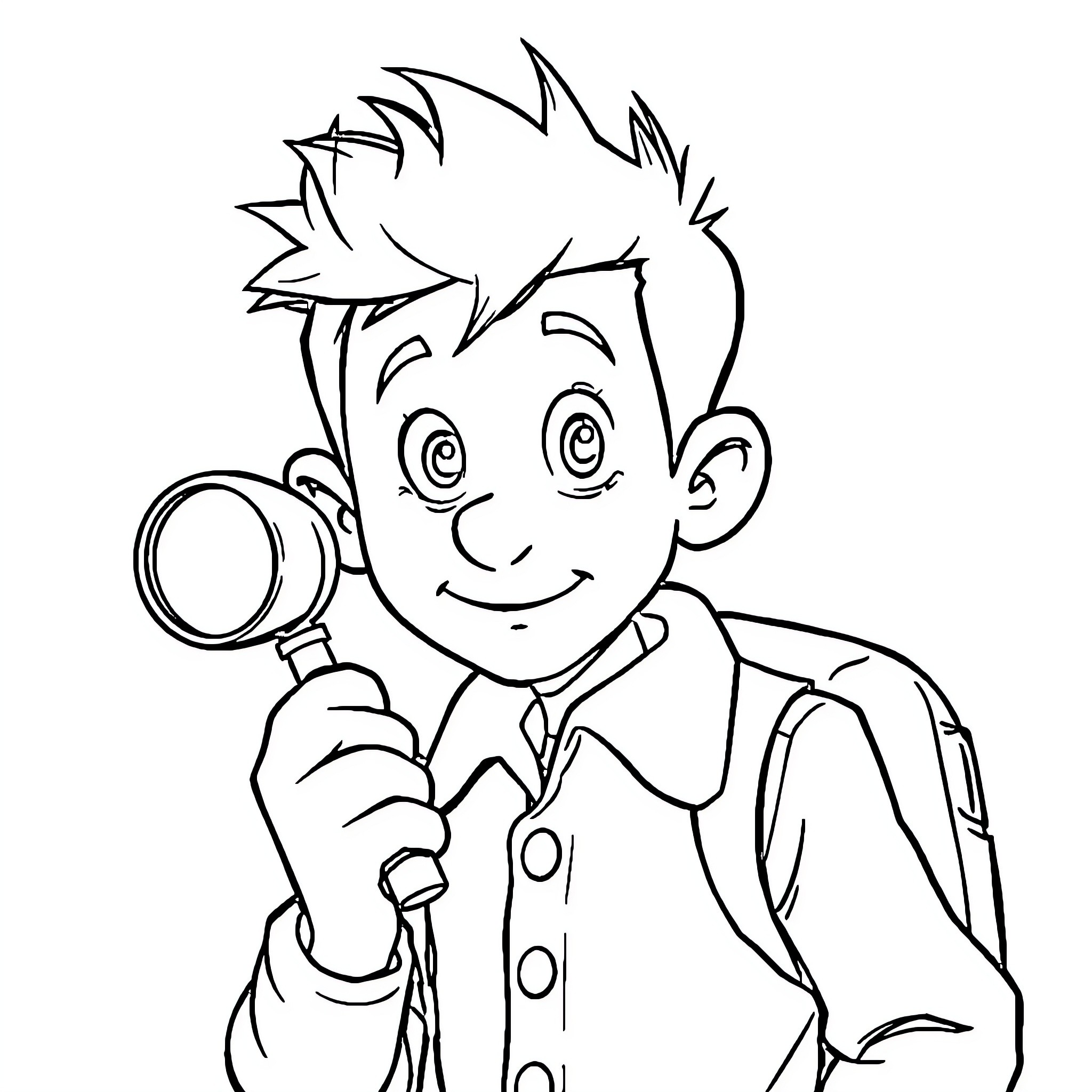 Tintin examining clues with magnifying glass Coloring Page (free black-and-white line drawing printable PDF for all, from beginners to advanced learners, including children, teens, adults, and seniors)