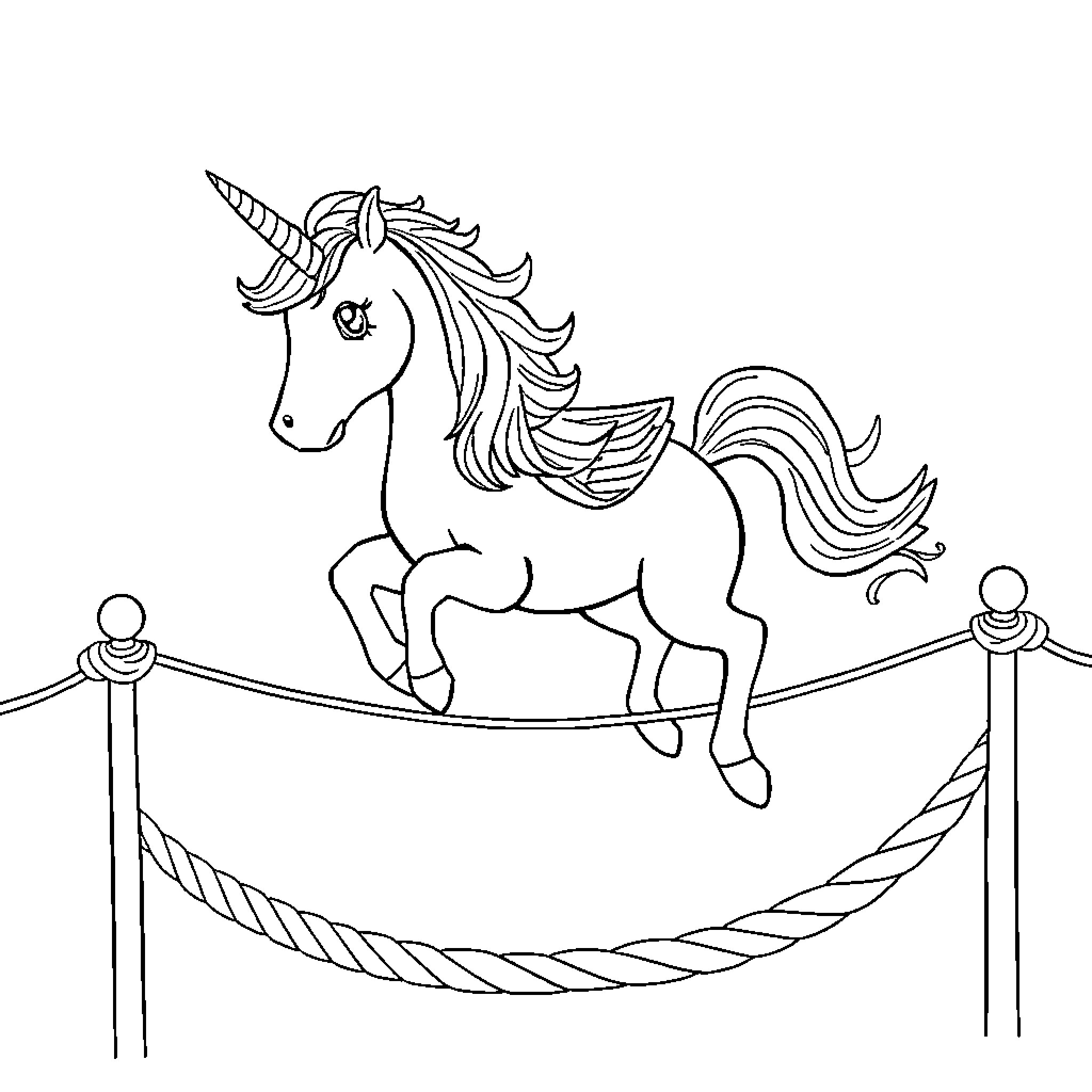 Unicorn Balancing on Tightrope Coloring Page (free black-and-white line drawing printable PDF for all, from beginners to advanced learners, including children, teens, adults, and seniors)