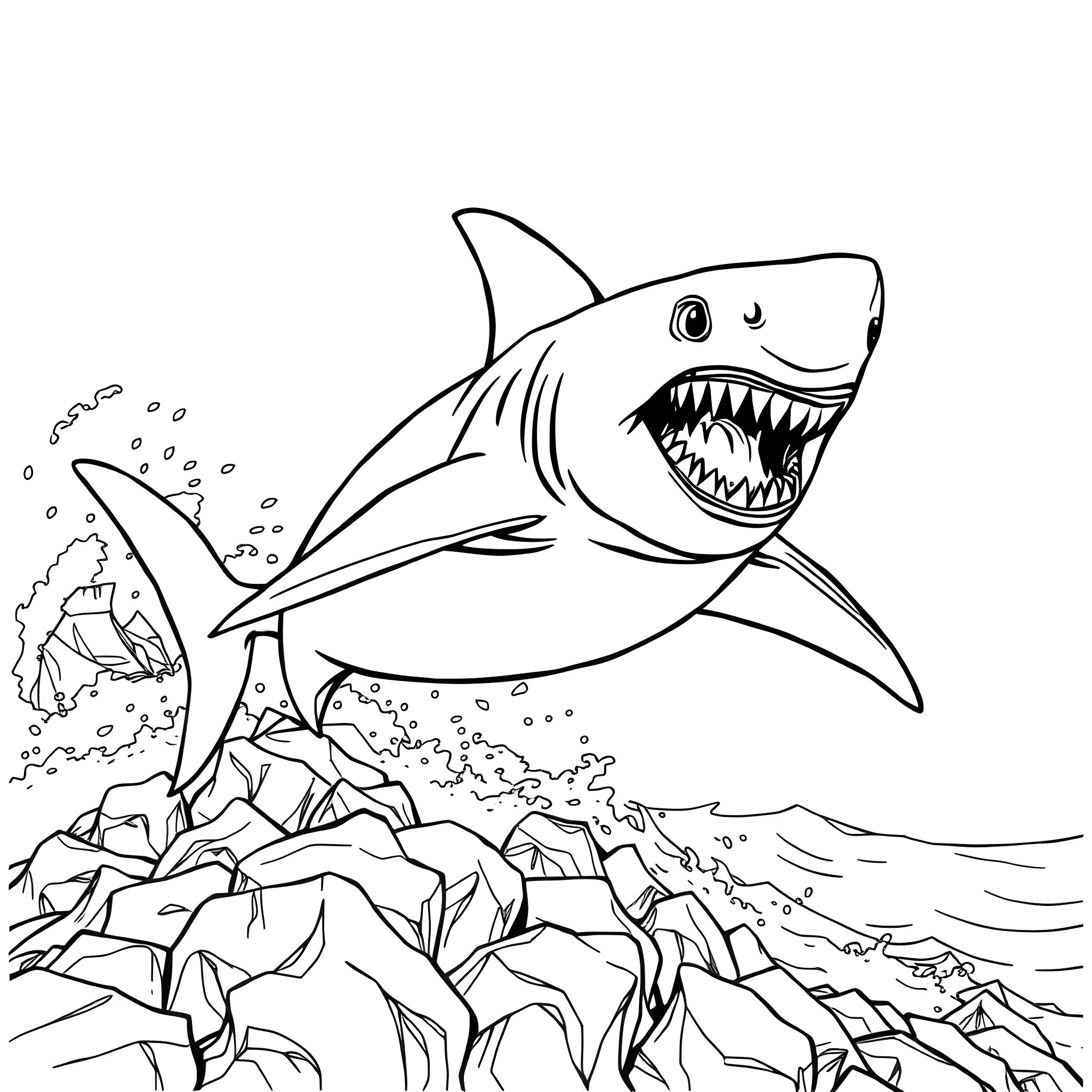 King Shark swimming with a menacing expression Coloring Page (free black-and-white line drawing printable PDF for all, from beginners to advanced learners, including children, teens, adults, and seniors)