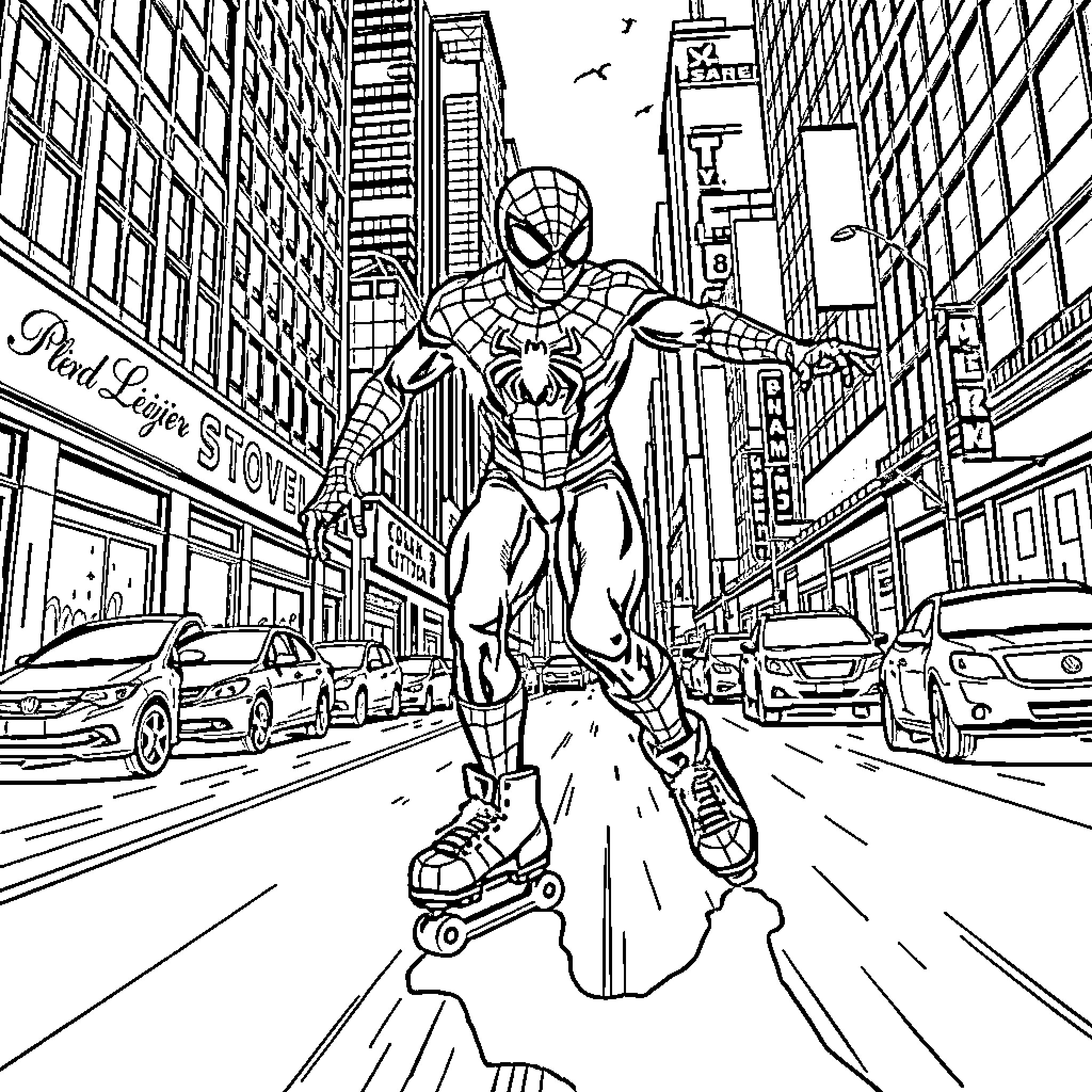 Spiderman swinging through the bustling city Coloring Page (free black-and-white line drawing printable PDF for all, from beginners to advanced learners, including children, teens, adults, and seniors)