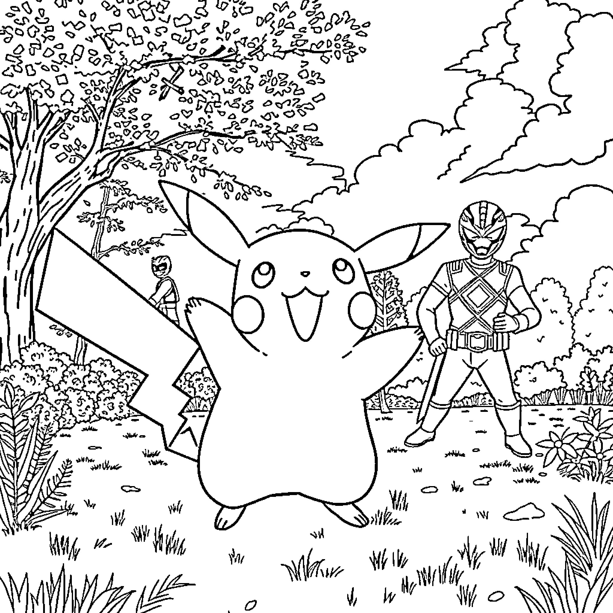 Pikachu and Ultraman explore a lively outdoor scene Coloring Page (free black-and-white line drawing printable PDF for all, from beginners to advanced learners, including children, teens, adults, and seniors)