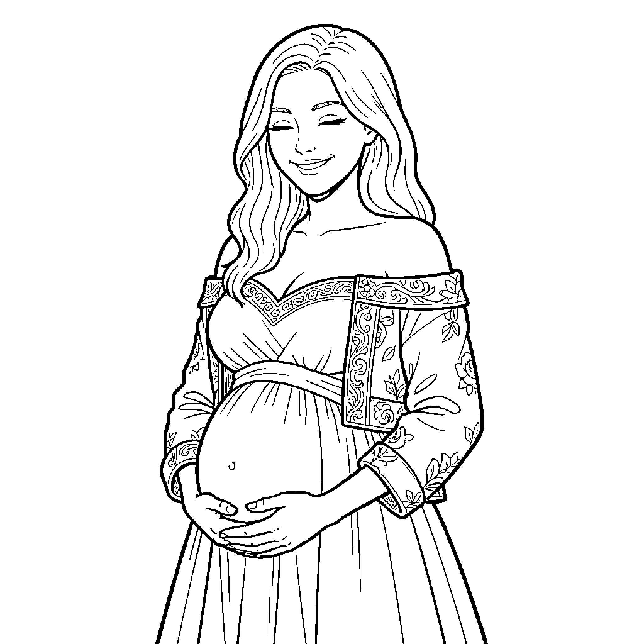 Pregnant Woman in Ornate Dress Smiling Coloring Page (free black-and-white line drawing printable PDF for all, from beginners to advanced learners, including children, teens, adults, and seniors)