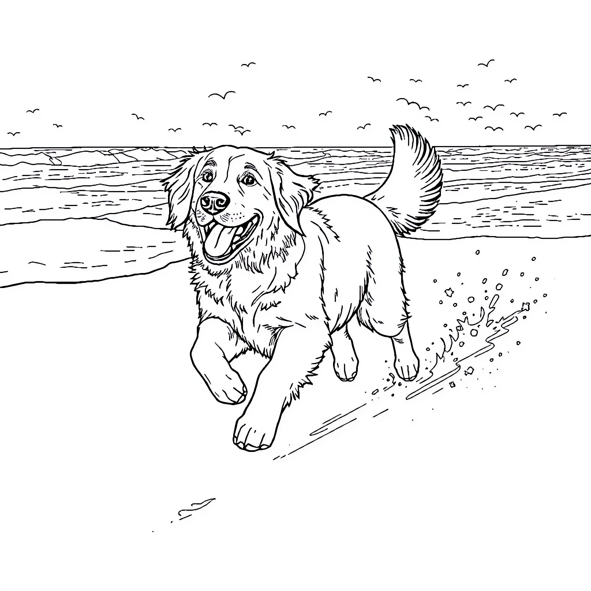 Golden Retriever enjoying the beach Coloring Page (free black-and-white line drawing printable PDF for all, from beginners to advanced learners, including children, teens, adults, and seniors)