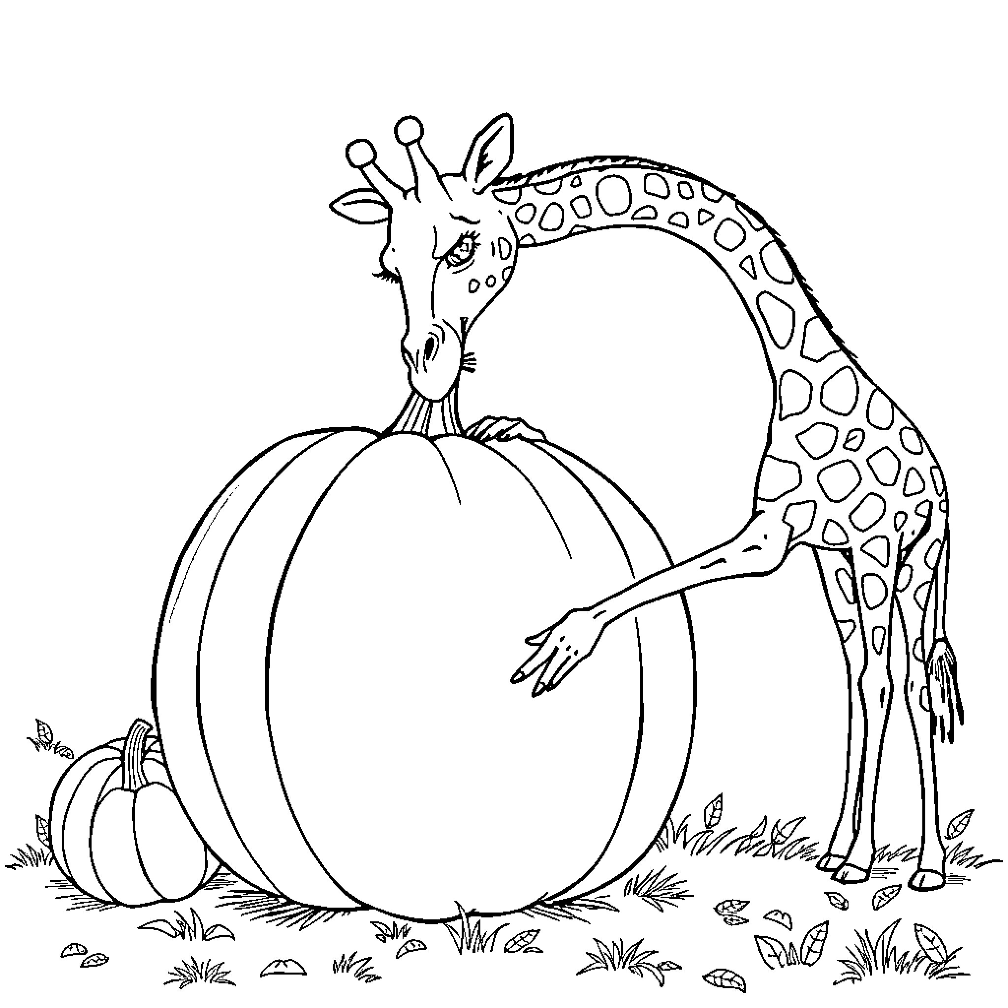 Giraffe inspecting a large pumpkin Coloring Page (free black-and-white line drawing printable PDF for all, from beginners to advanced learners, including children, teens, adults, and seniors)