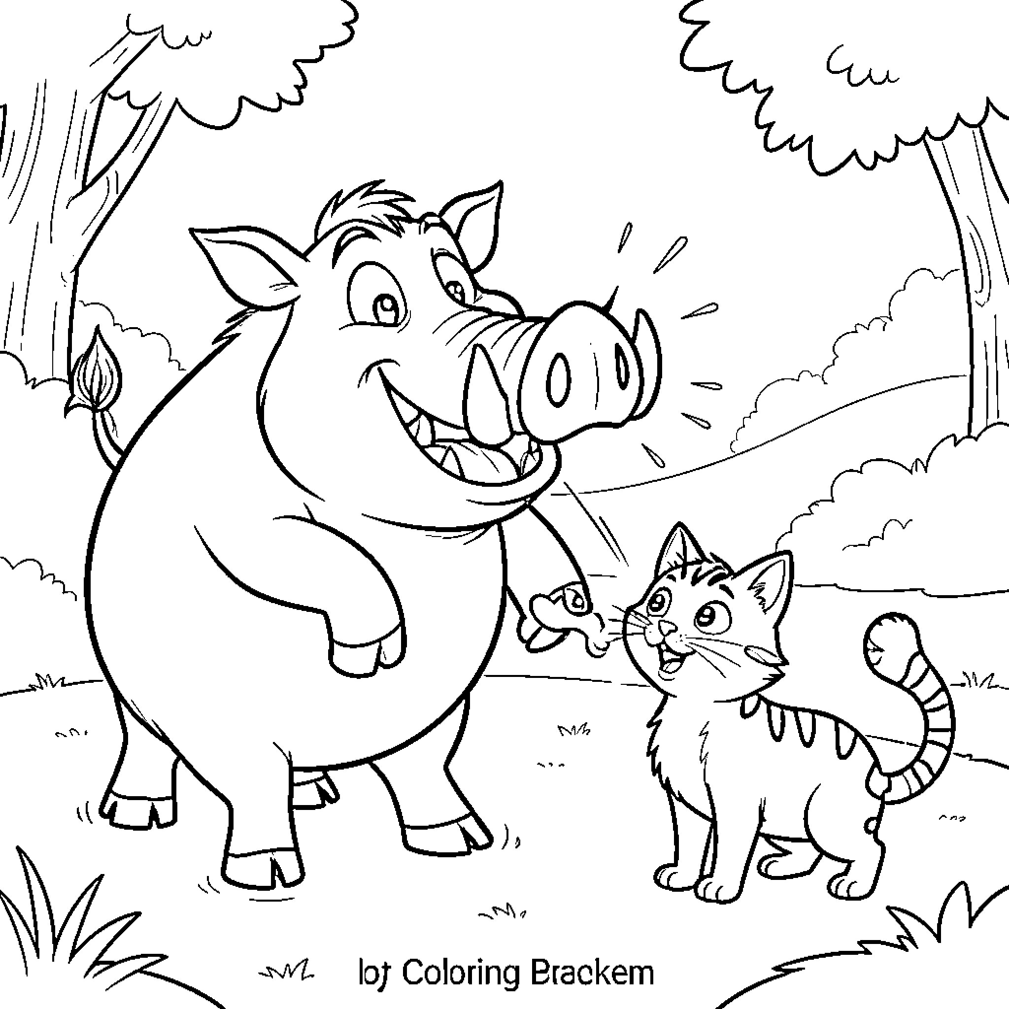 Pumba smiling and interacting with a small kitten Coloring Page (free black-and-white line drawing printable PDF for all, from beginners to advanced learners, including children, teens, adults, and seniors)