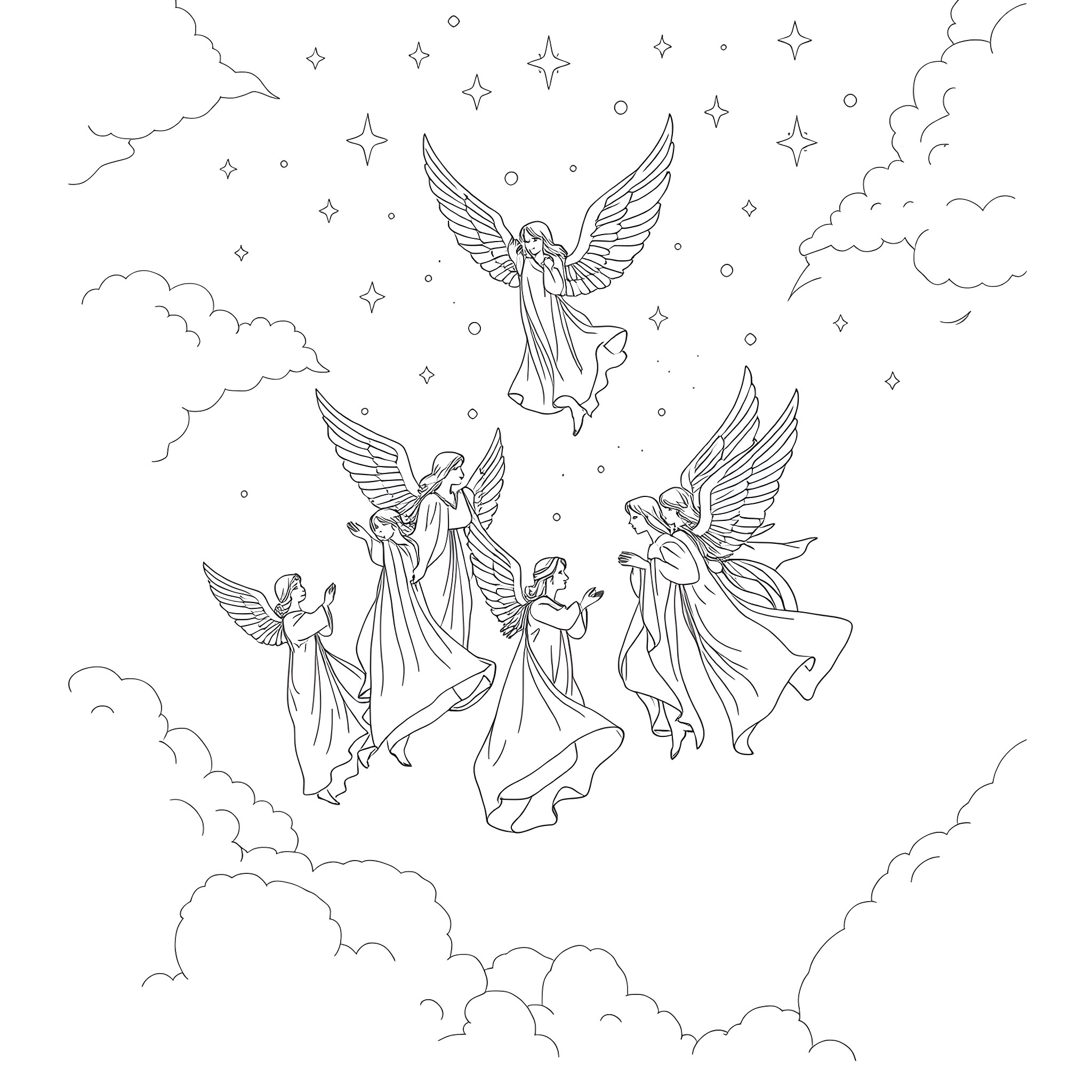 Angel guardians watching over the clouds Coloring Page (free black-and-white line drawing printable PDF for all, from beginners to advanced learners, including children, teens, adults, and seniors)
