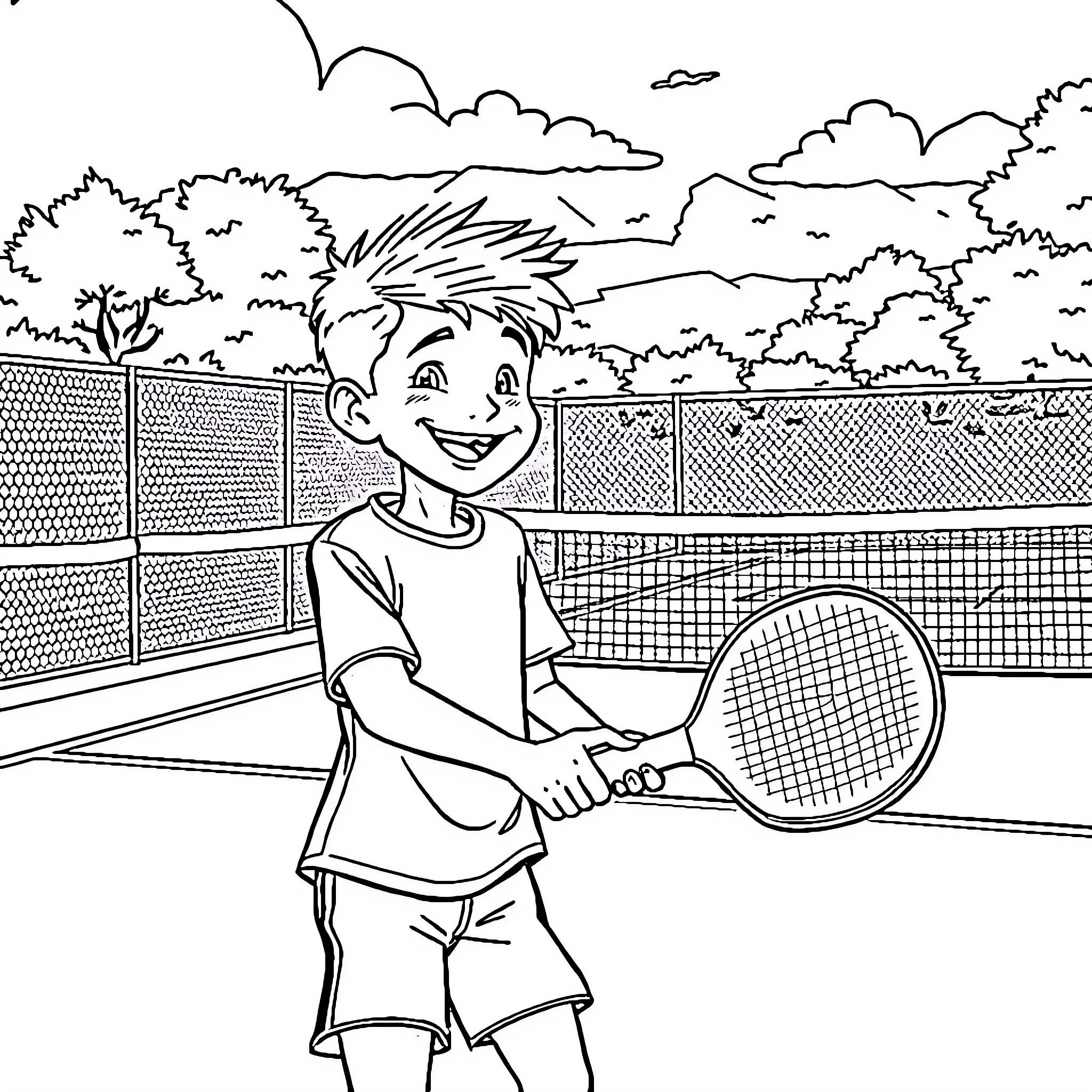 Boy playing tennis on outdoor court Coloring Page (free black-and-white line drawing printable PDF for all, from beginners to advanced learners, including children, teens, adults, and seniors)