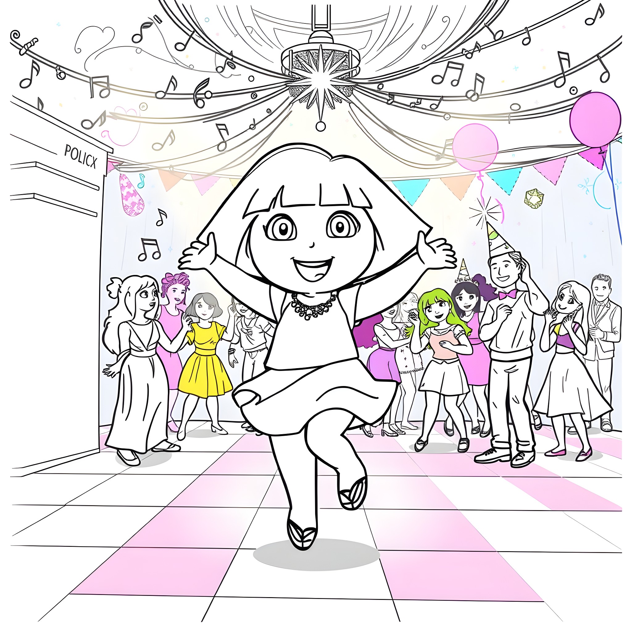 Dora's Colorful Birthday Party Celebration Coloring Page (free black-and-white line drawing printable PDF for all, from beginners to advanced learners, including children, teens, adults, and seniors)