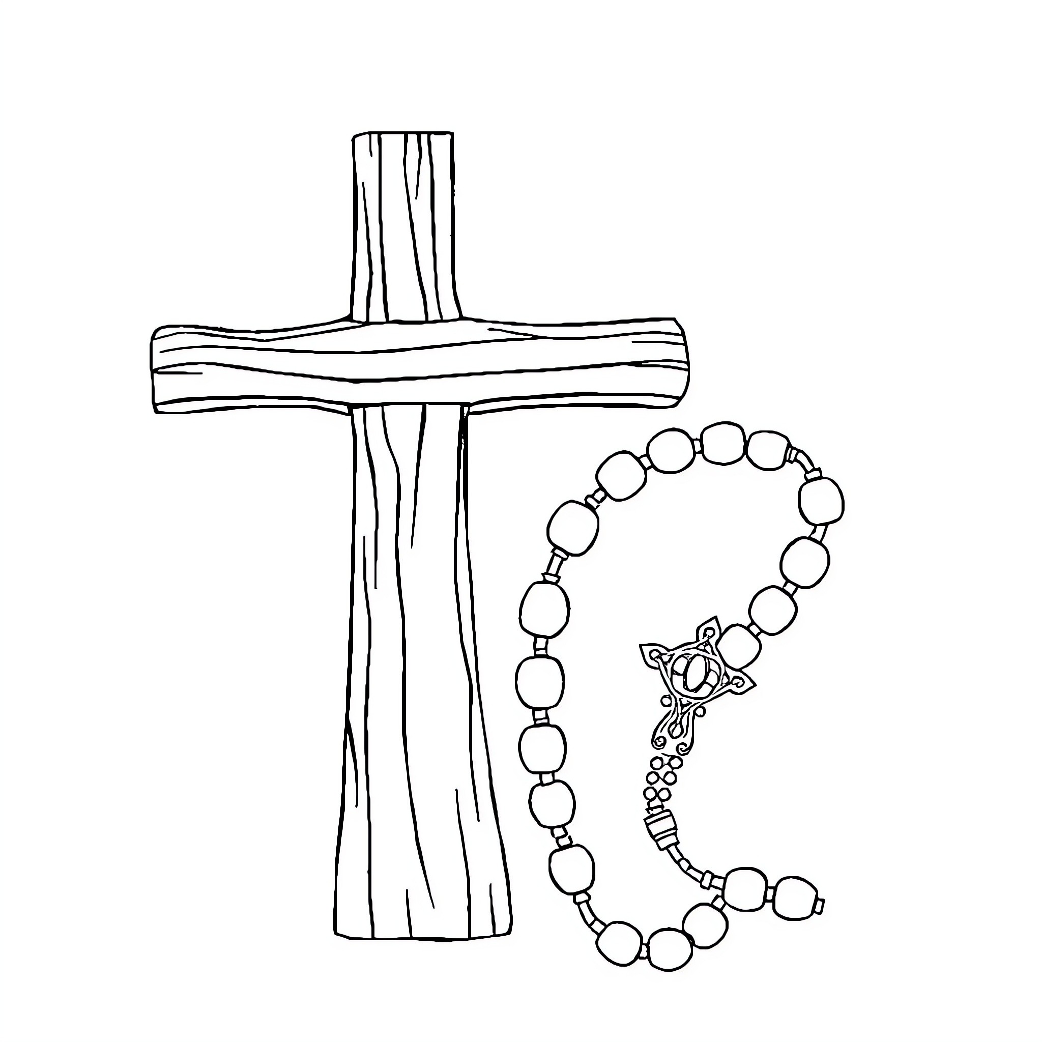 Cross with Rosary Beads Symbolizing Faith Coloring Page (free black-and-white line drawing printable PDF for all, from beginners to advanced learners, including children, teens, adults, and seniors)