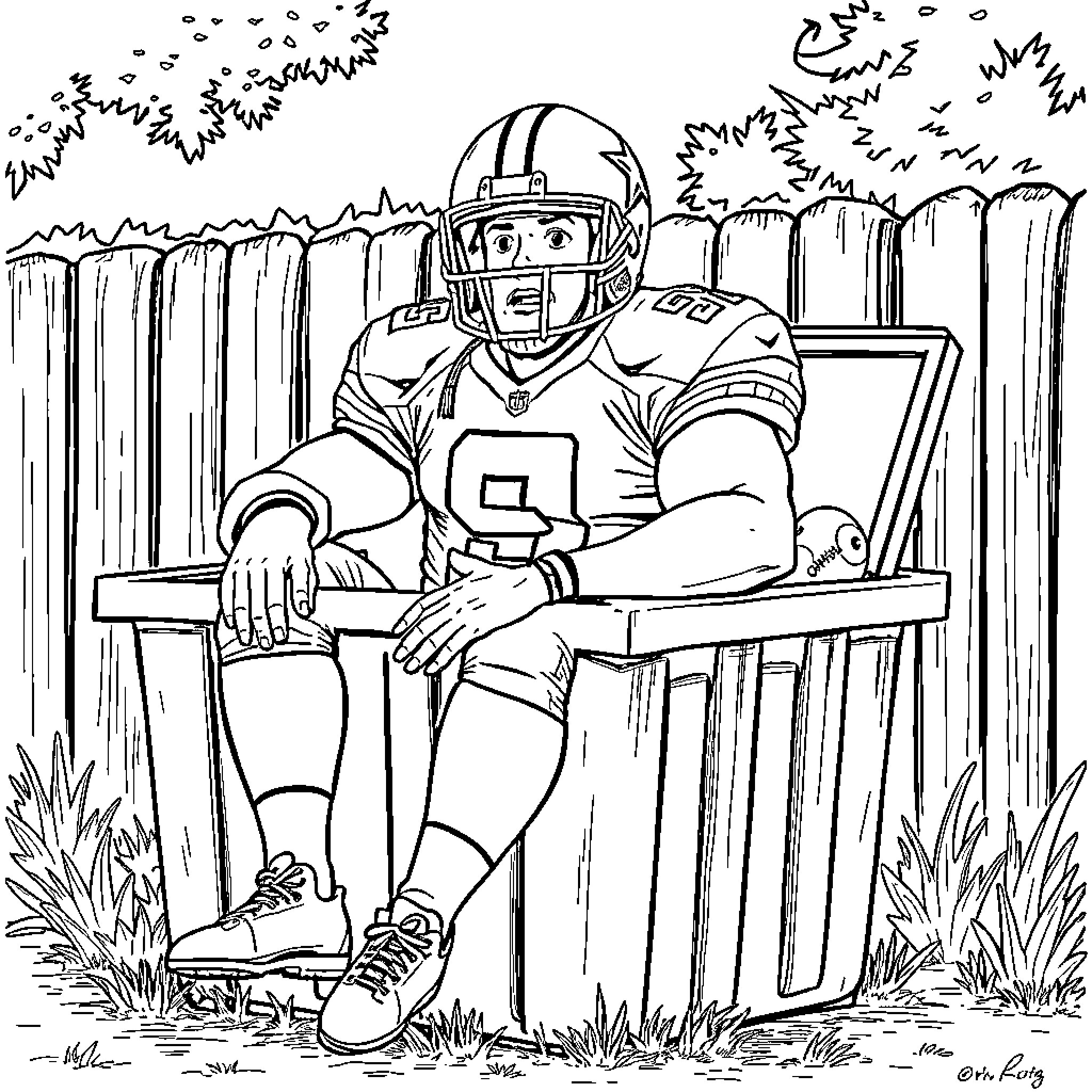 Cowboy football player relaxing on the bench Coloring Page (free black-and-white line drawing printable PDF for all, from beginners to advanced learners, including children, teens, adults, and seniors)
