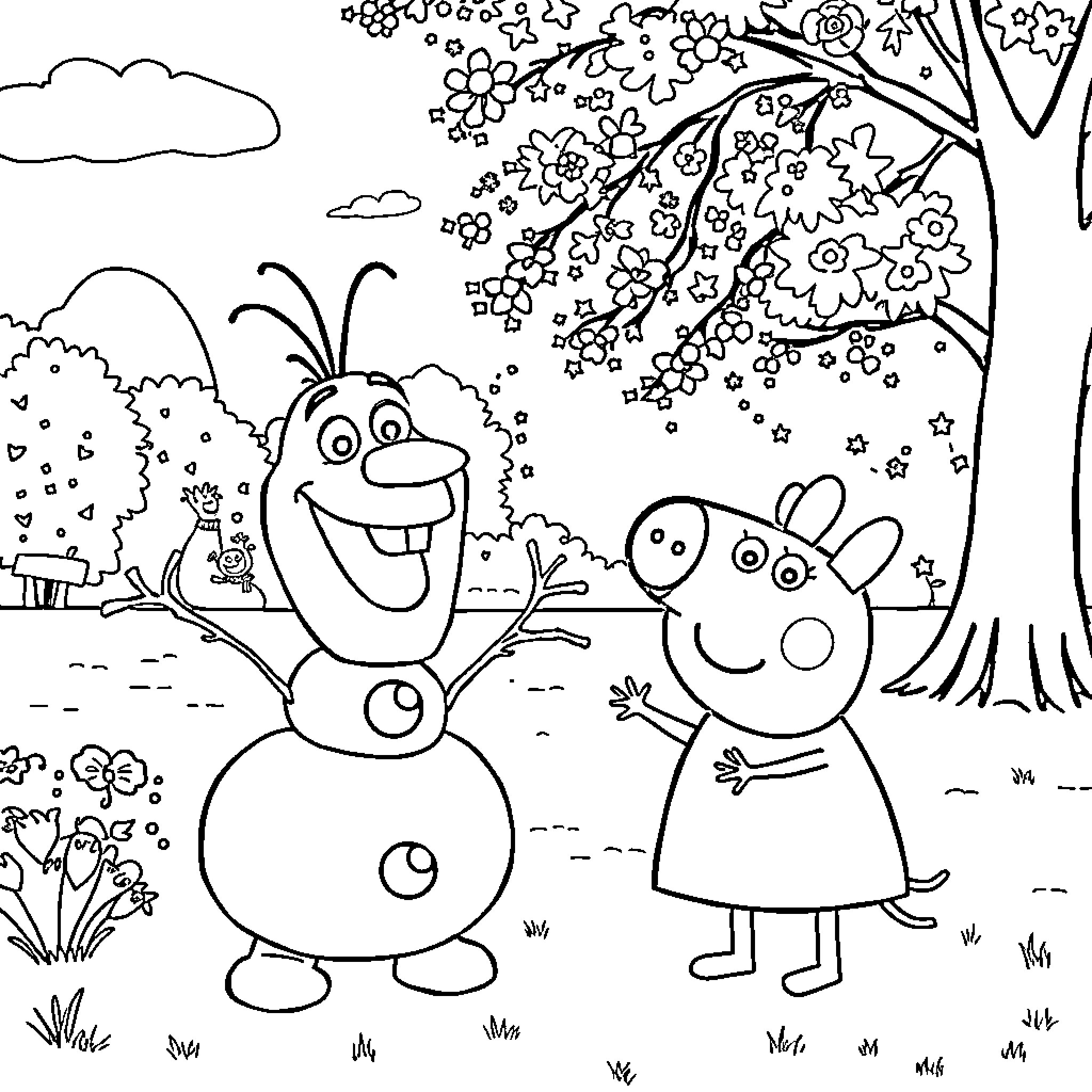 Olaf and Peppa Pig having a fun adventure outdoors Coloring Page (free black-and-white line drawing printable PDF for all, from beginners to advanced learners, including children, teens, adults, and seniors)
