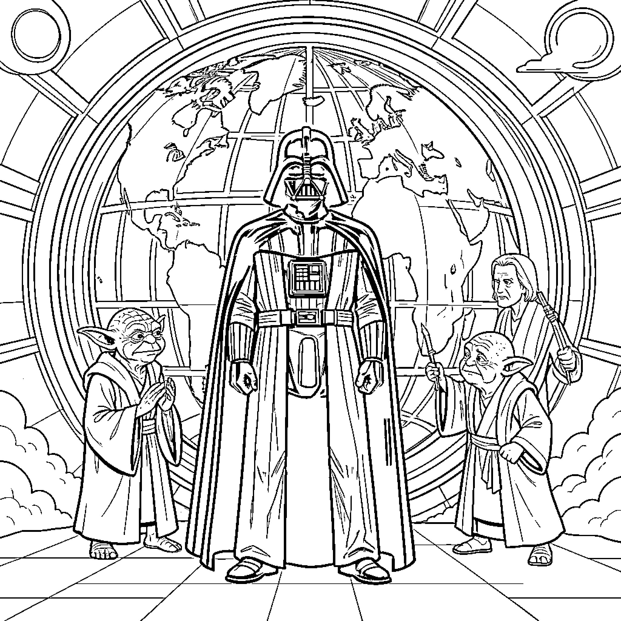 Darth Vader standing with iconic Star Wars characters Coloring Page (free black-and-white line drawing printable PDF for all, from beginners to advanced learners, including children, teens, adults, and seniors)