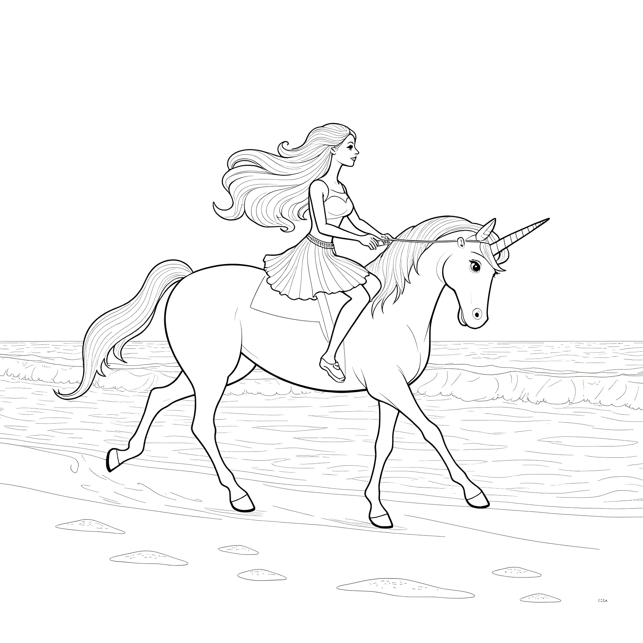 Barbie riding a unicorn on the beach Coloring Page (free black-and-white line drawing printable PDF for all, from beginners to advanced learners, including children, teens, adults, and seniors)