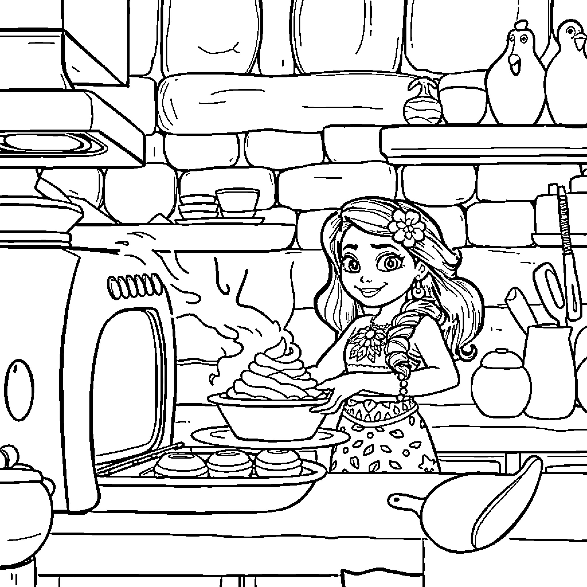 Moana cooking in a traditional kitchen Coloring Page (free black-and-white line drawing printable PDF for all, from beginners to advanced learners, including children, teens, adults, and seniors)