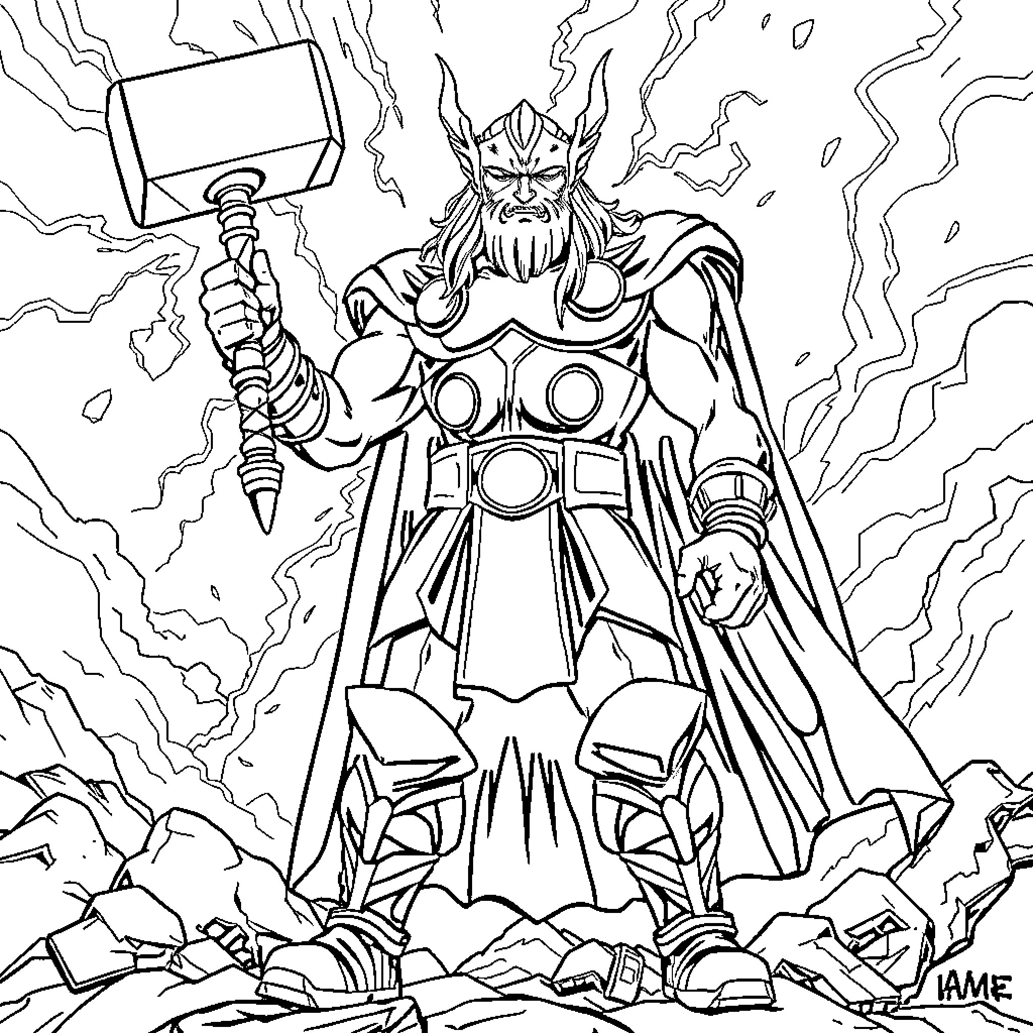 Thor wielding mighty hammer in intense battle scene Coloring Page (free black-and-white line drawing printable PDF for all, from beginners to advanced learners, including children, teens, adults, and seniors)
