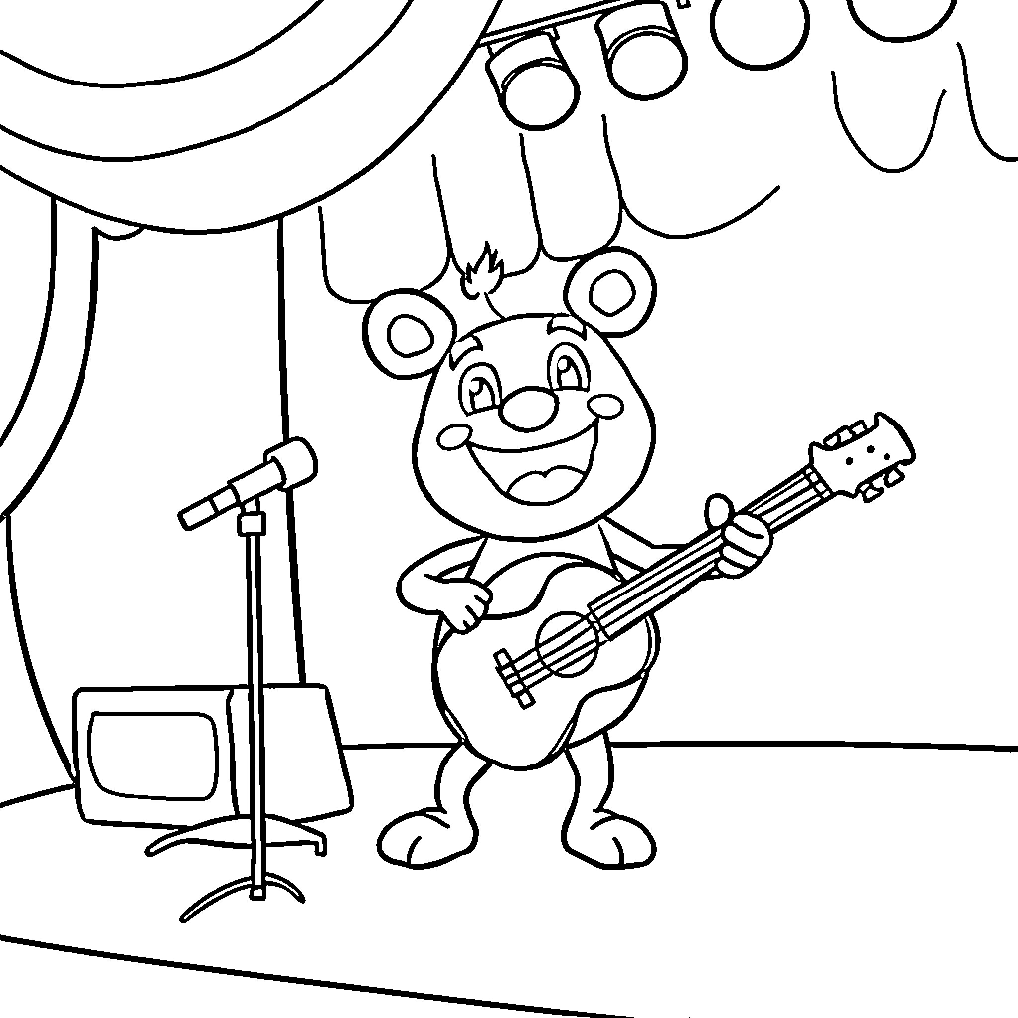 Lammy playing guitar on stage Coloring Page (free black-and-white line drawing printable PDF for all, from beginners to advanced learners, including children, teens, adults, and seniors)