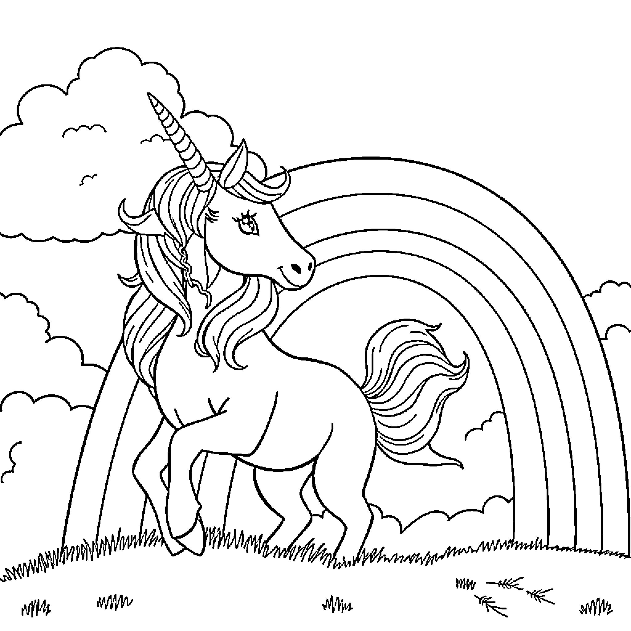Unicorn frolicking in a magical meadow with a rainbow Coloring Page (free black-and-white line drawing printable PDF for all, from beginners to advanced learners, including children, teens, adults, and seniors)
