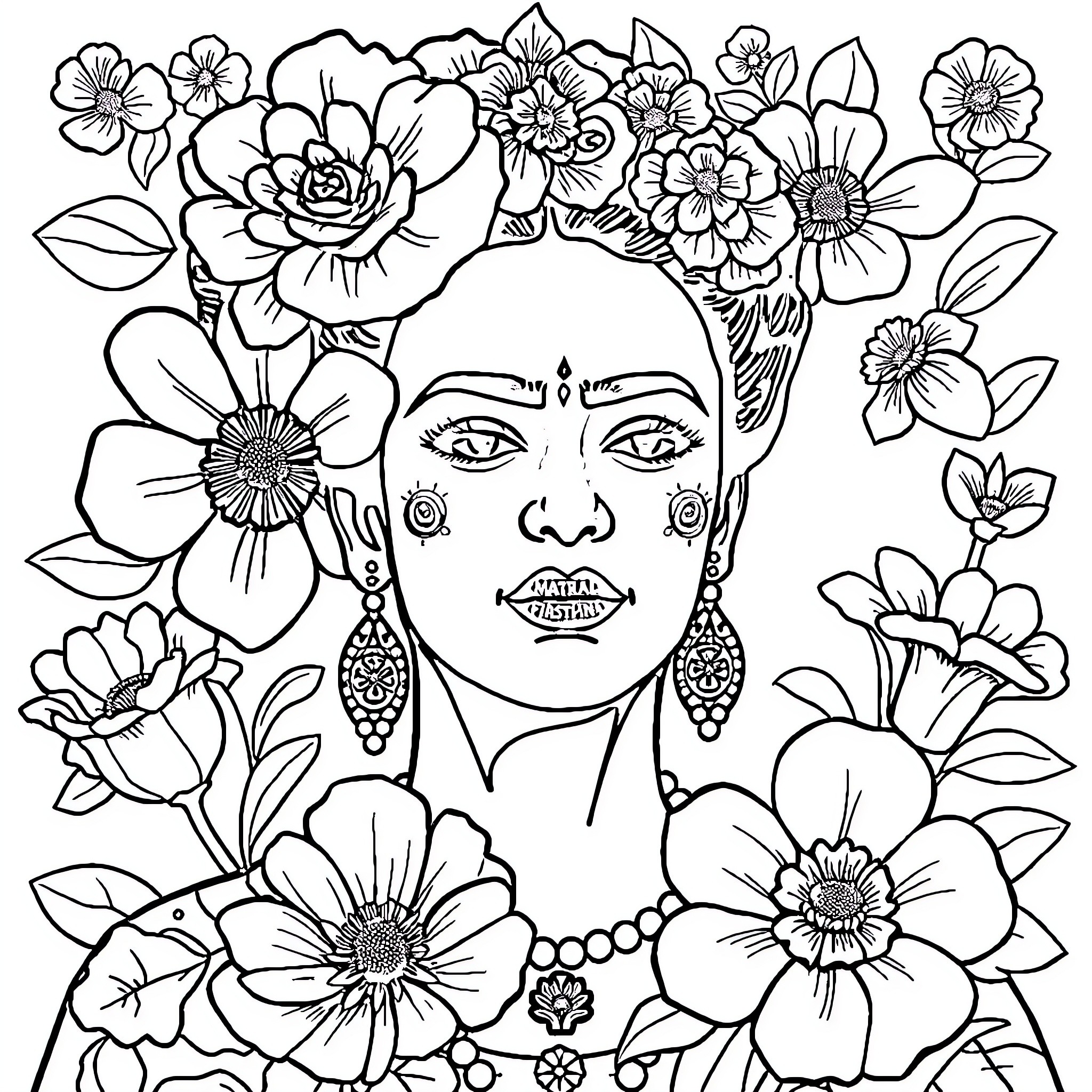 Frida Kahlo surrounded by vibrant floral arrangements Coloring Page (free black-and-white line drawing printable PDF for all, from beginners to advanced learners, including children, teens, adults, and seniors)