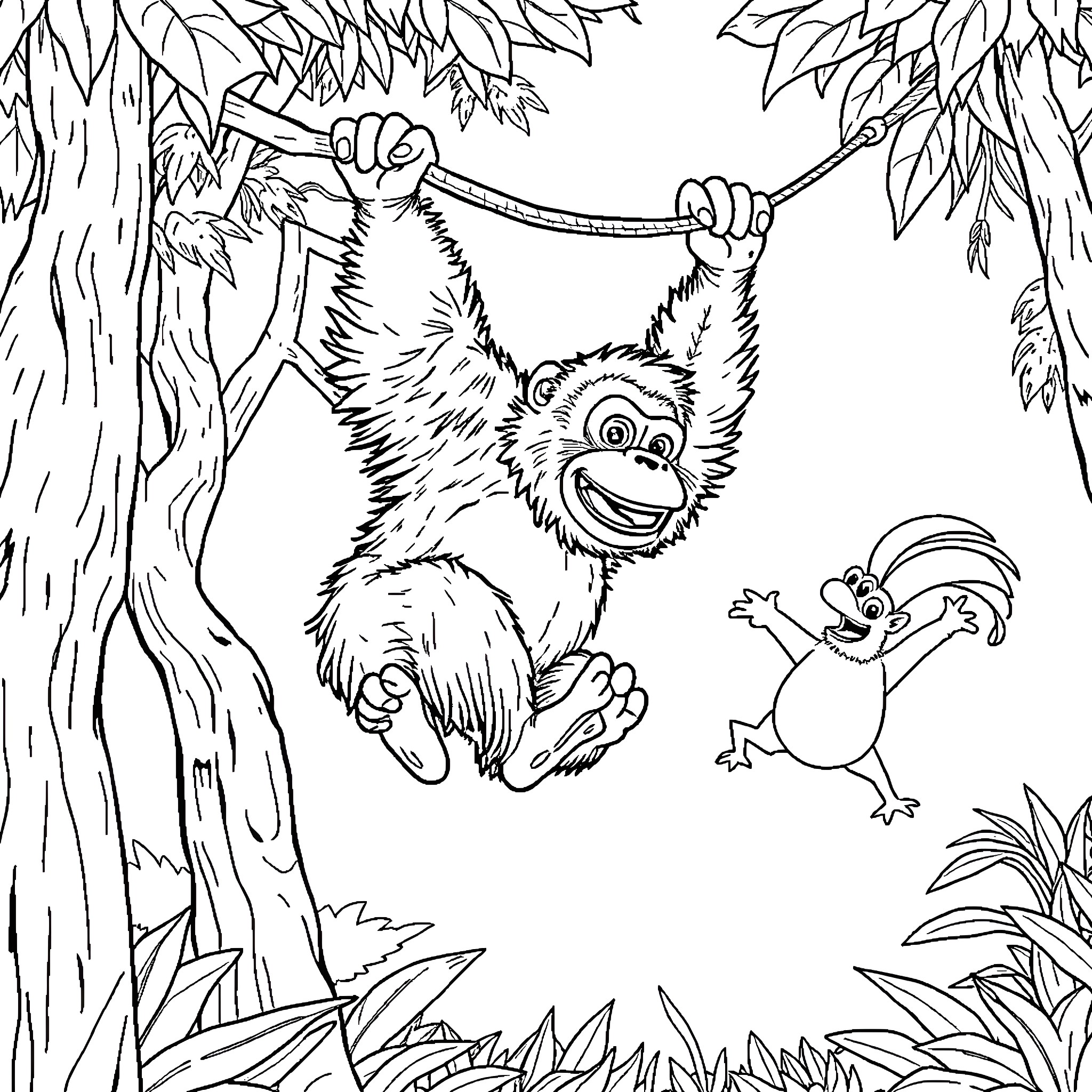 Orangutan swinging playfully in the jungle Coloring Page (free black-and-white line drawing printable PDF for all, from beginners to advanced learners, including children, teens, adults, and seniors)