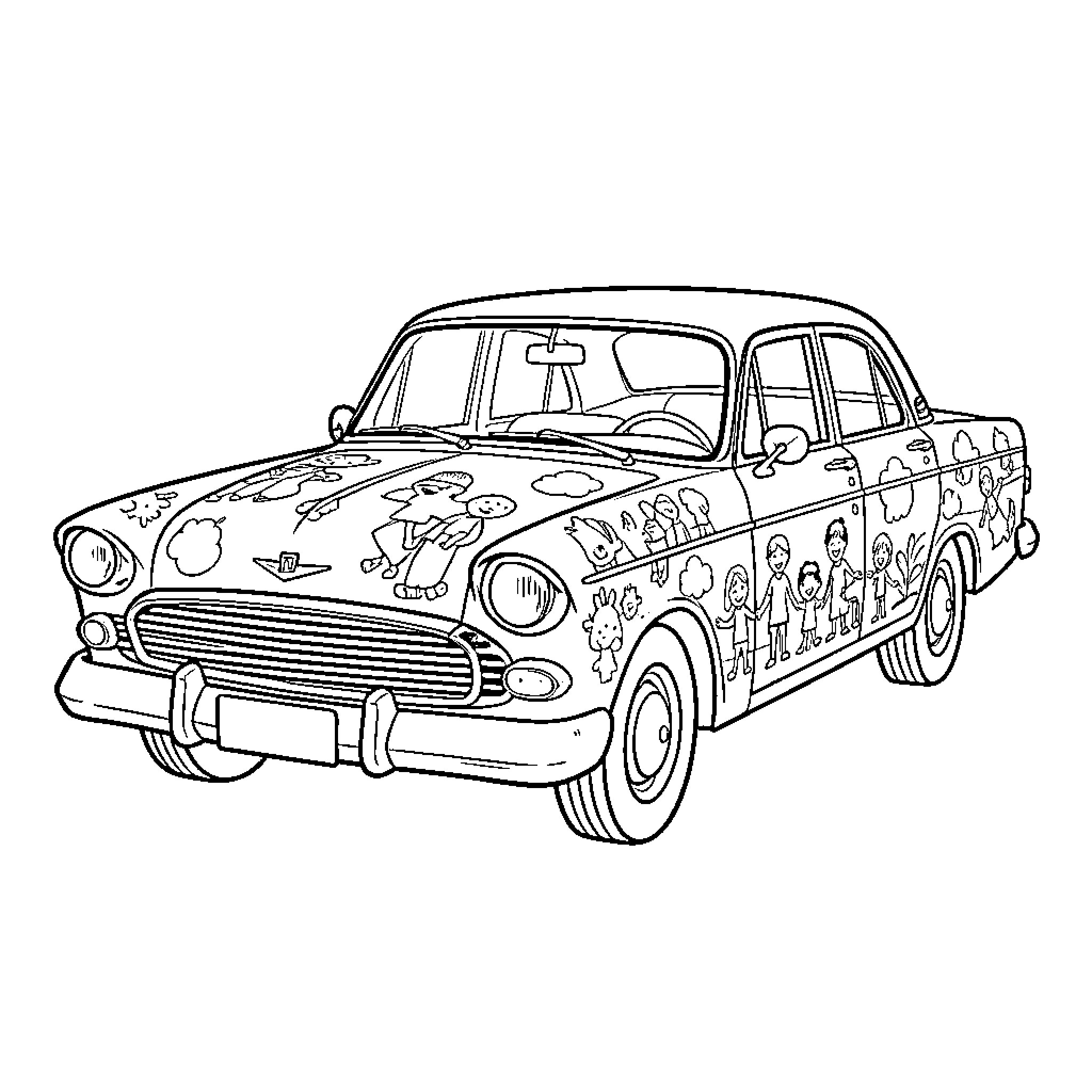 Holden's Vibrant and Whimsical Vintage Automobile Coloring Page (free black-and-white line drawing printable PDF for all, from beginners to advanced learners, including children, teens, adults, and seniors)