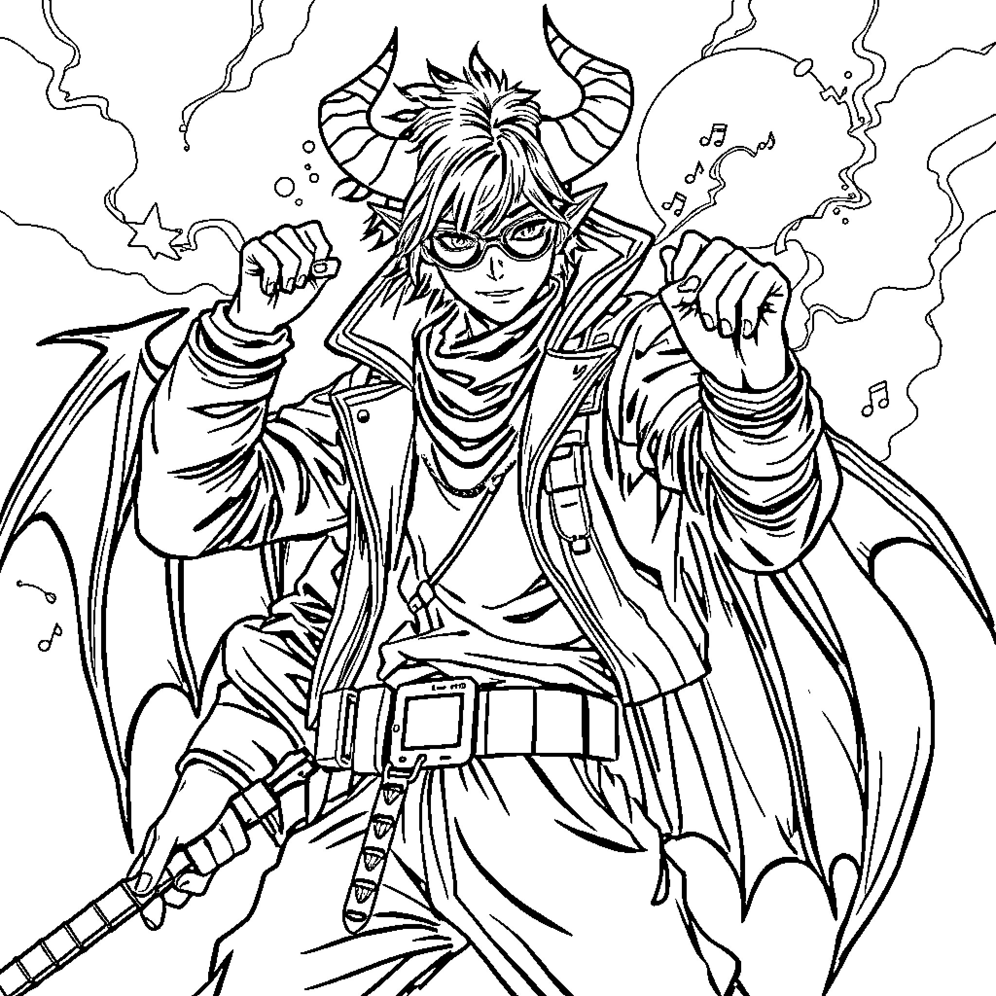 Kpop Demon Hunter in Action with Mysterious Powers Coloring Page (free black-and-white line drawing printable PDF for all, from beginners to advanced learners, including children, teens, adults, and seniors)