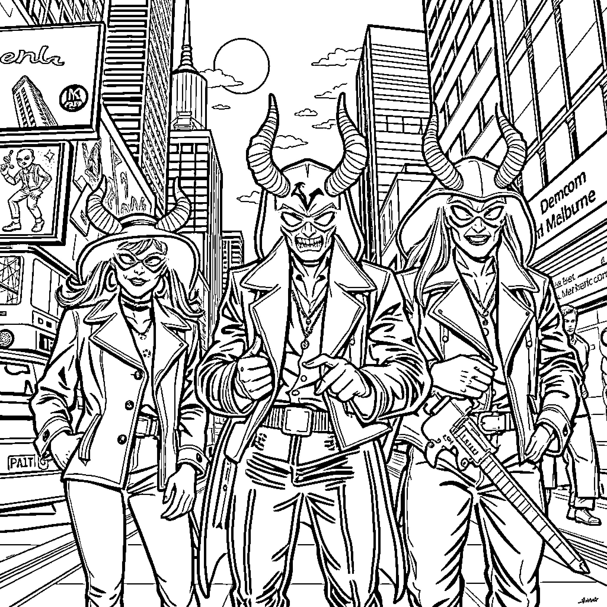 Demon Hunter's Confrontation in the Urban Cityscape Coloring Page (free black-and-white line drawing printable PDF for all, from beginners to advanced learners, including children, teens, adults, and seniors)