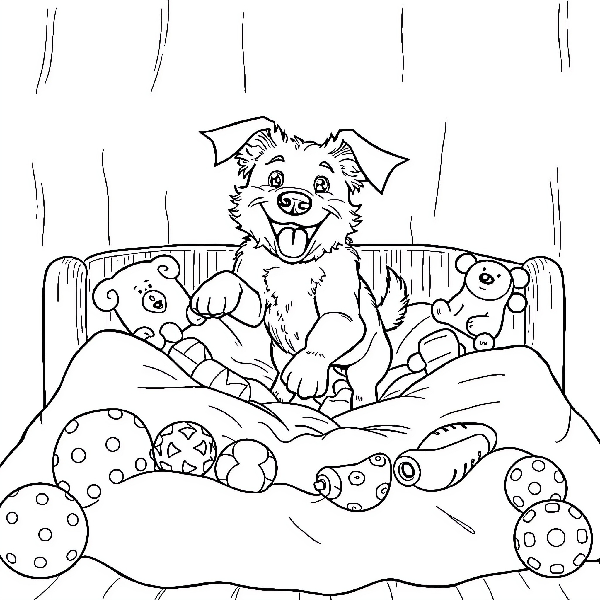 Dog playing with toys in bed Coloring Page (free black-and-white line drawing printable PDF for all, from beginners to advanced learners, including children, teens, adults, and seniors)