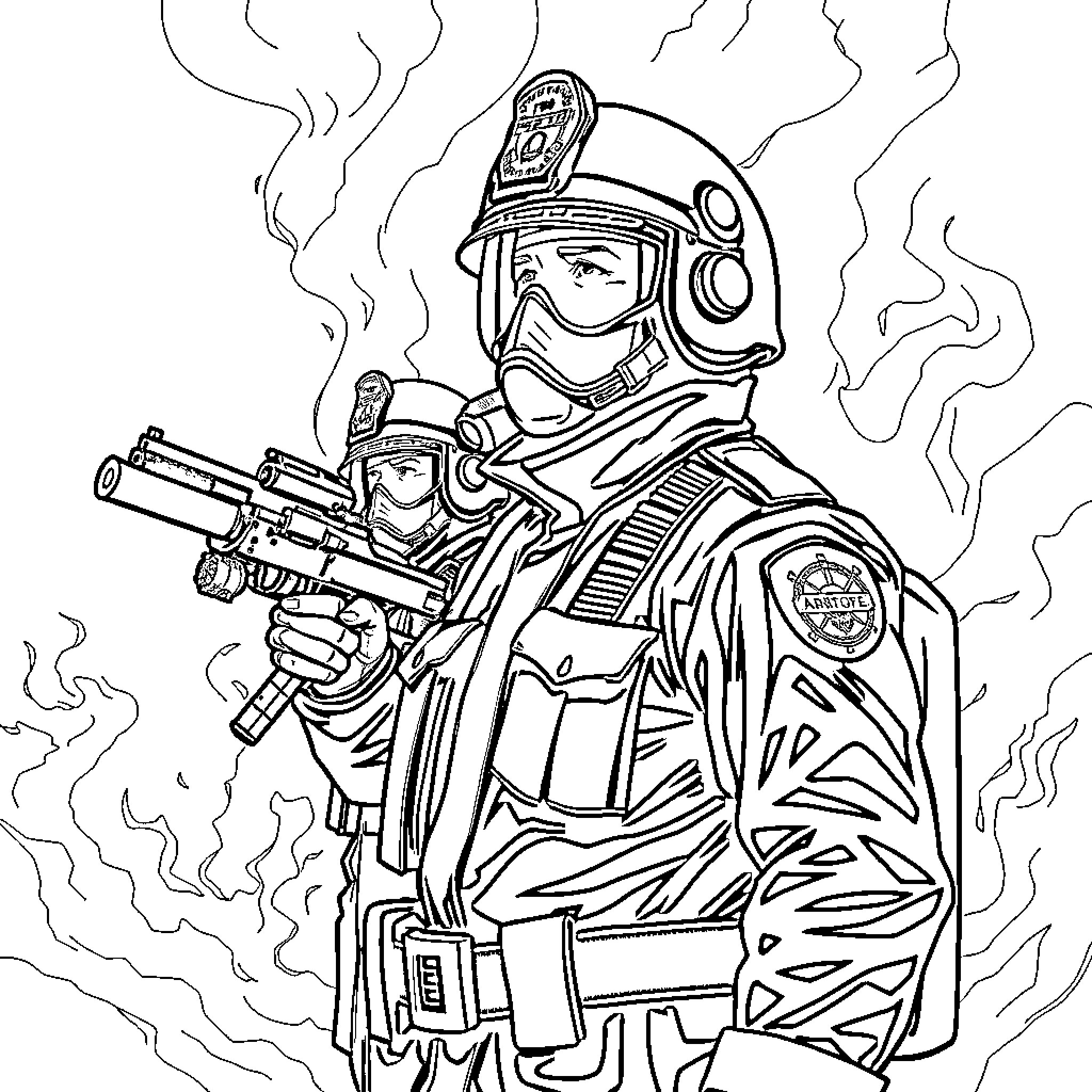 Firefighter in action with protective gear and equipment Coloring Page (free black-and-white line drawing printable PDF for all, from beginners to advanced learners, including children, teens, adults, and seniors)