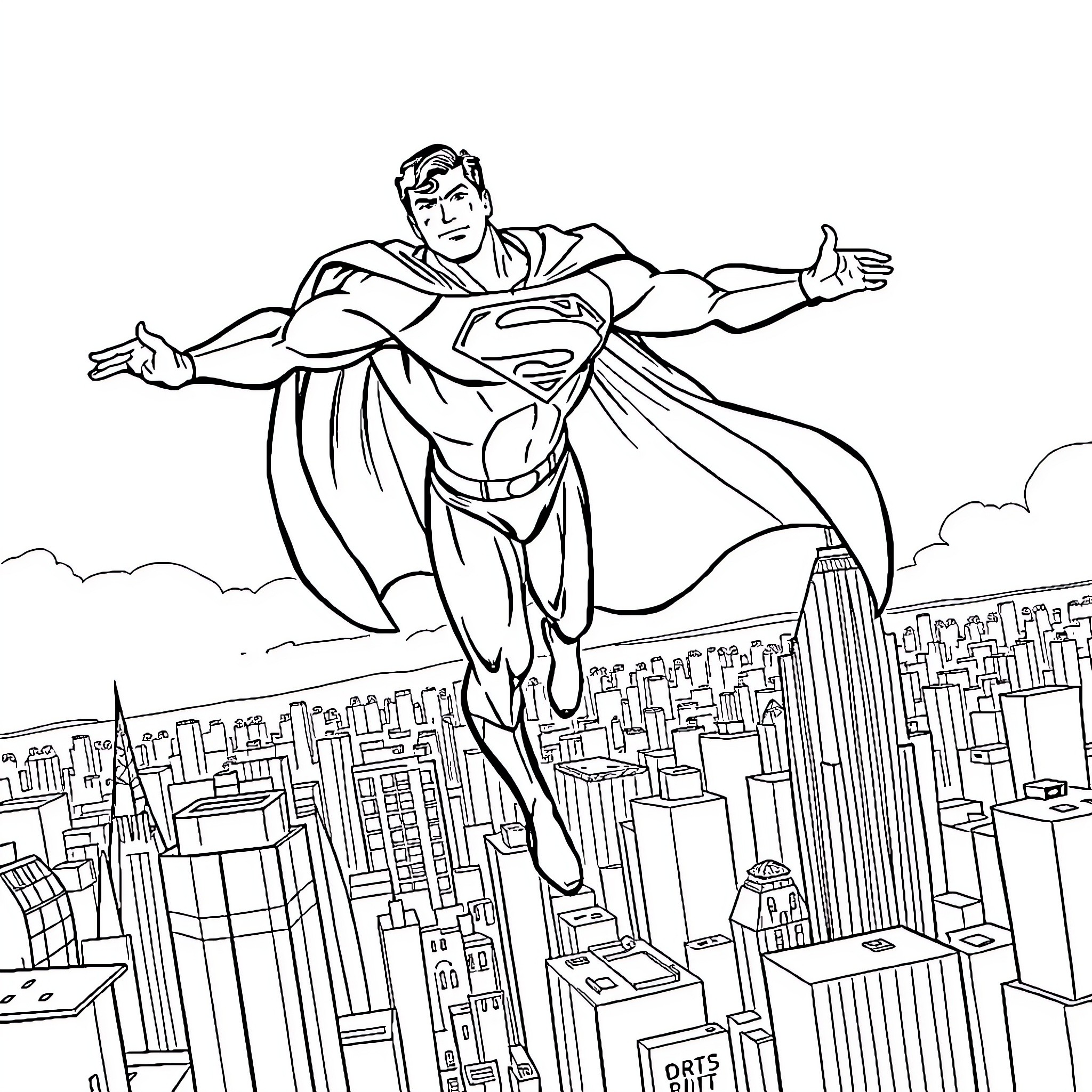 Superman soaring over the city in action Coloring Page (free black-and-white line drawing printable PDF for all, from beginners to advanced learners, including children, teens, adults, and seniors)