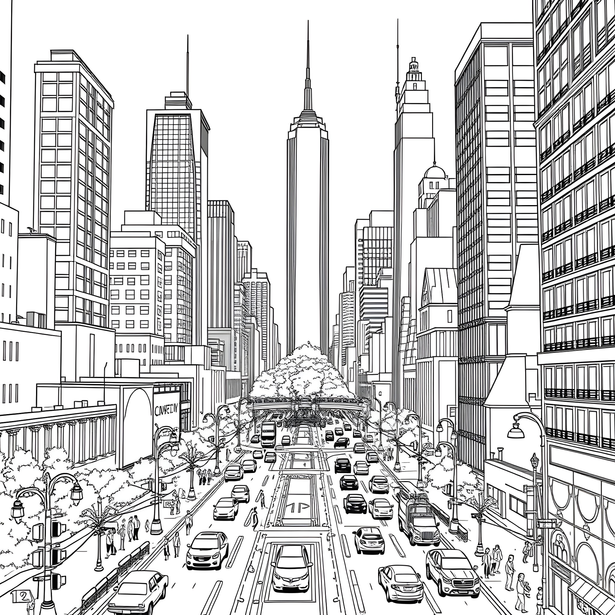 City Scene with Busy Traffic and Skyscrapers Coloring Page (free black-and-white line drawing printable PDF for all, from beginners to advanced learners, including children, teens, adults, and seniors)