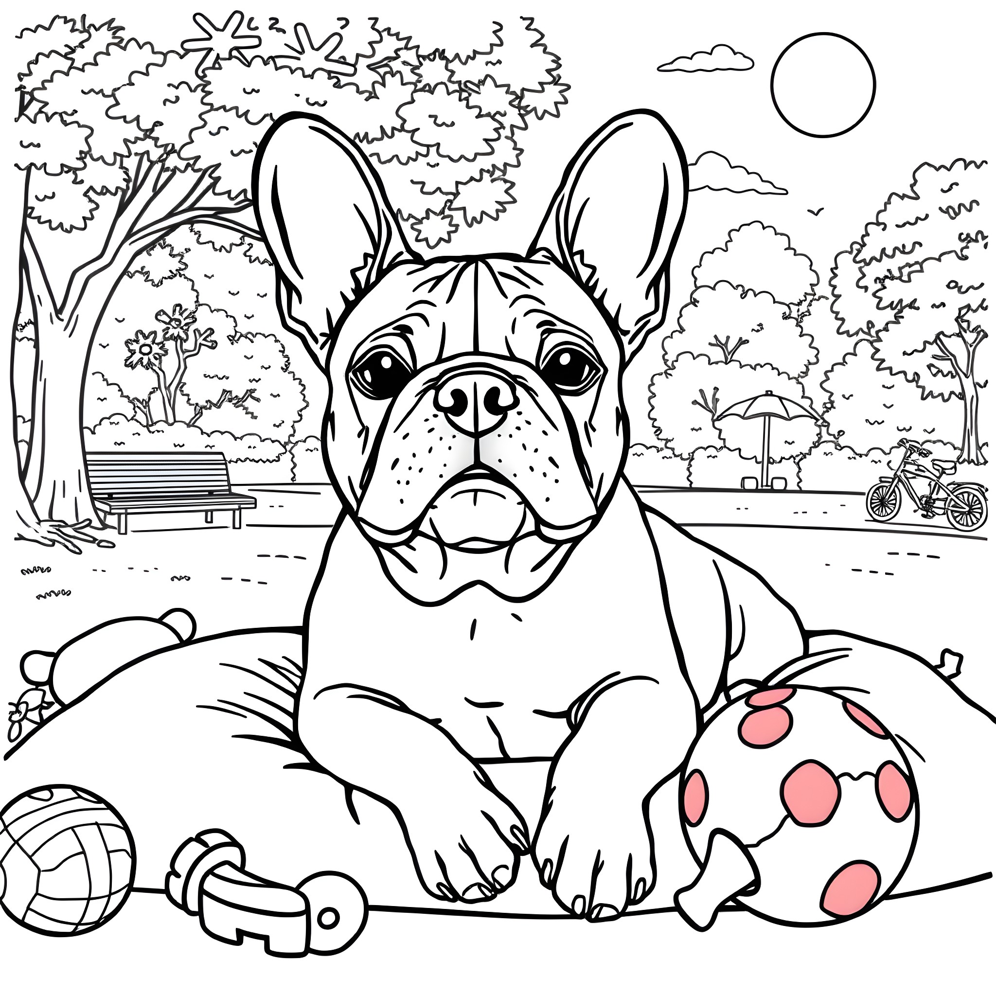 French Bulldog enjoying the park scenery Coloring Page (free black-and-white line drawing printable PDF for all, from beginners to advanced learners, including children, teens, adults, and seniors)