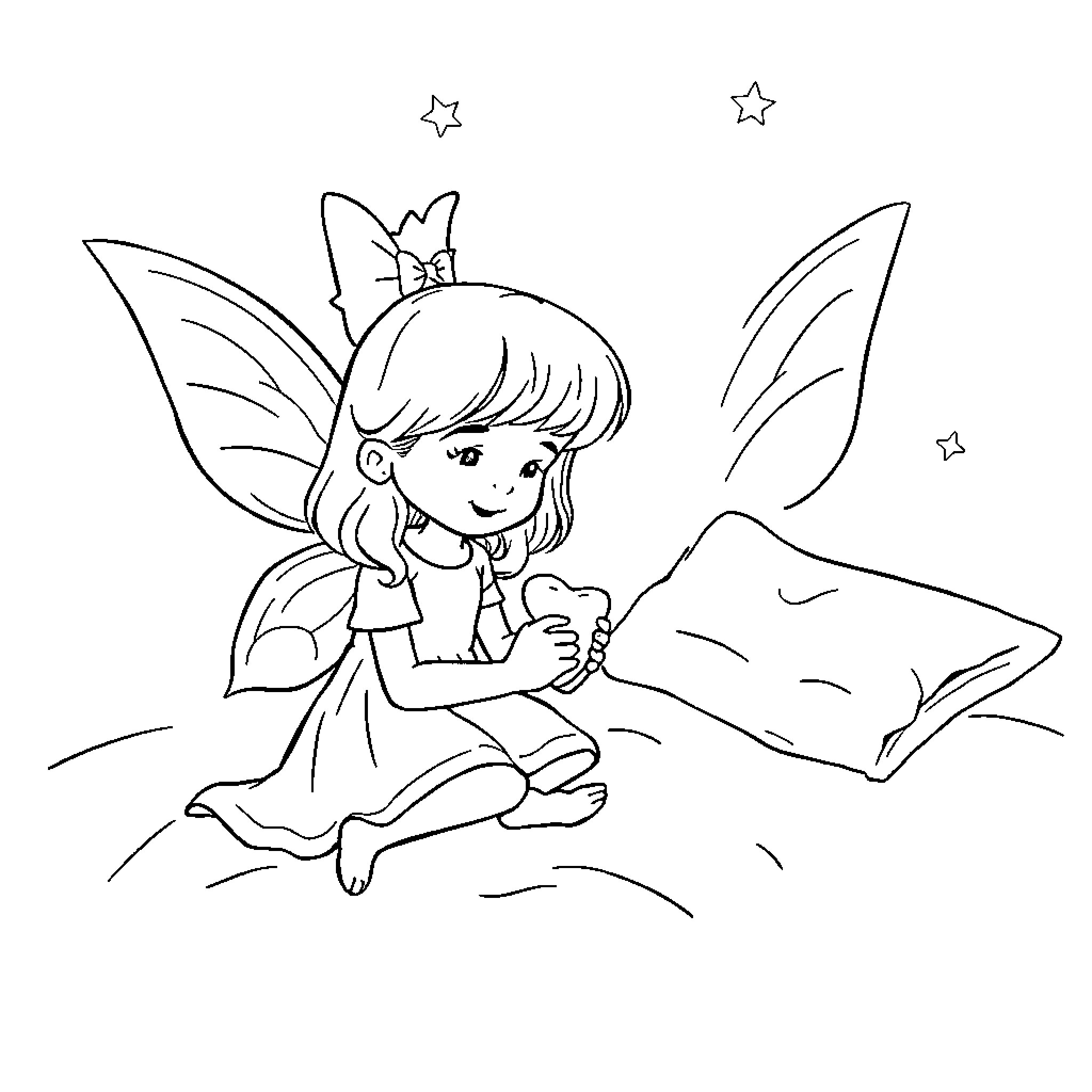 Toothfairy playing with a pillow under the stars Coloring Page (free black-and-white line drawing printable PDF for all, from beginners to advanced learners, including children, teens, adults, and seniors)