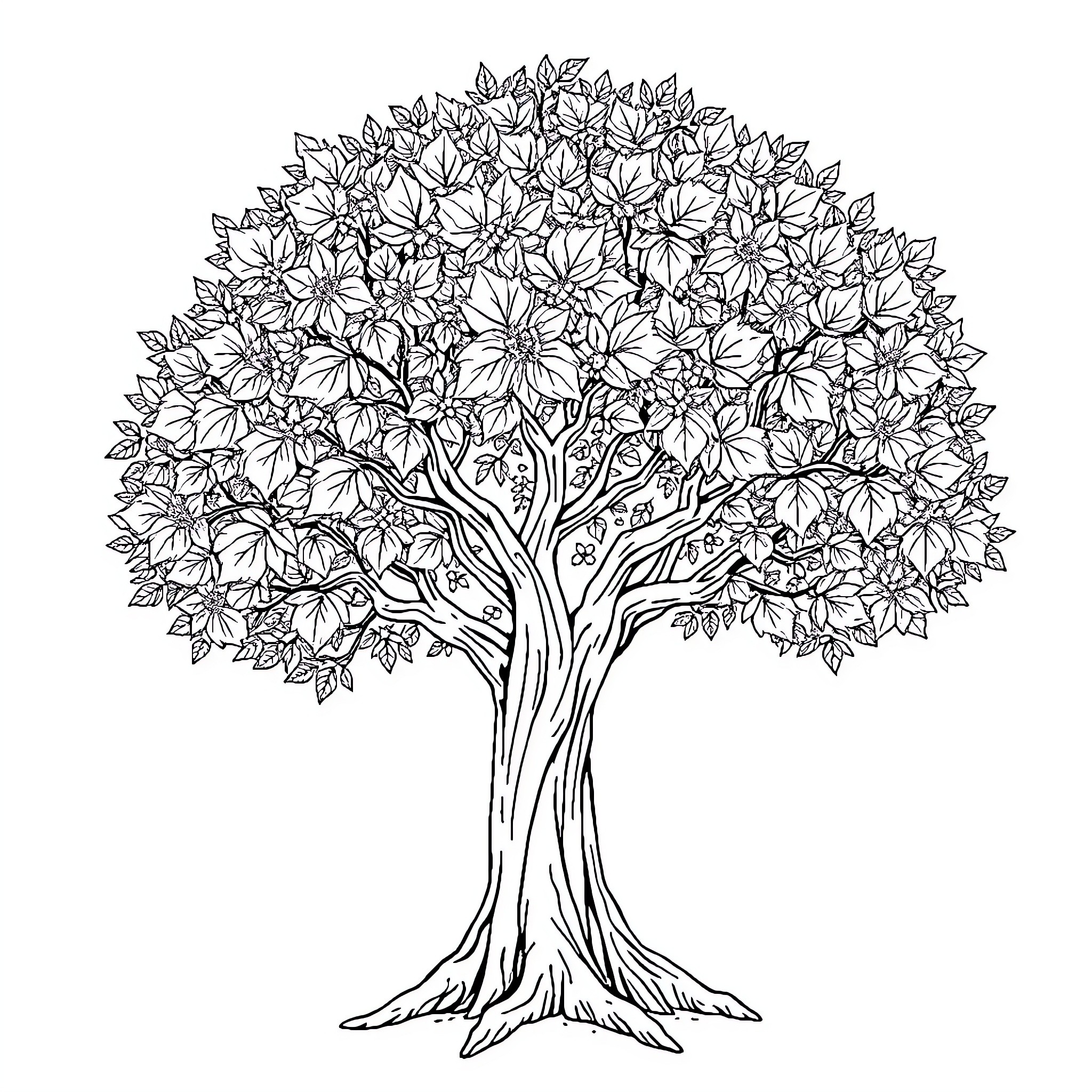 Arbre with detailed leafy branches and trunk Coloring Page (free black-and-white line drawing printable PDF for all, from beginners to advanced learners, including children, teens, adults, and seniors)