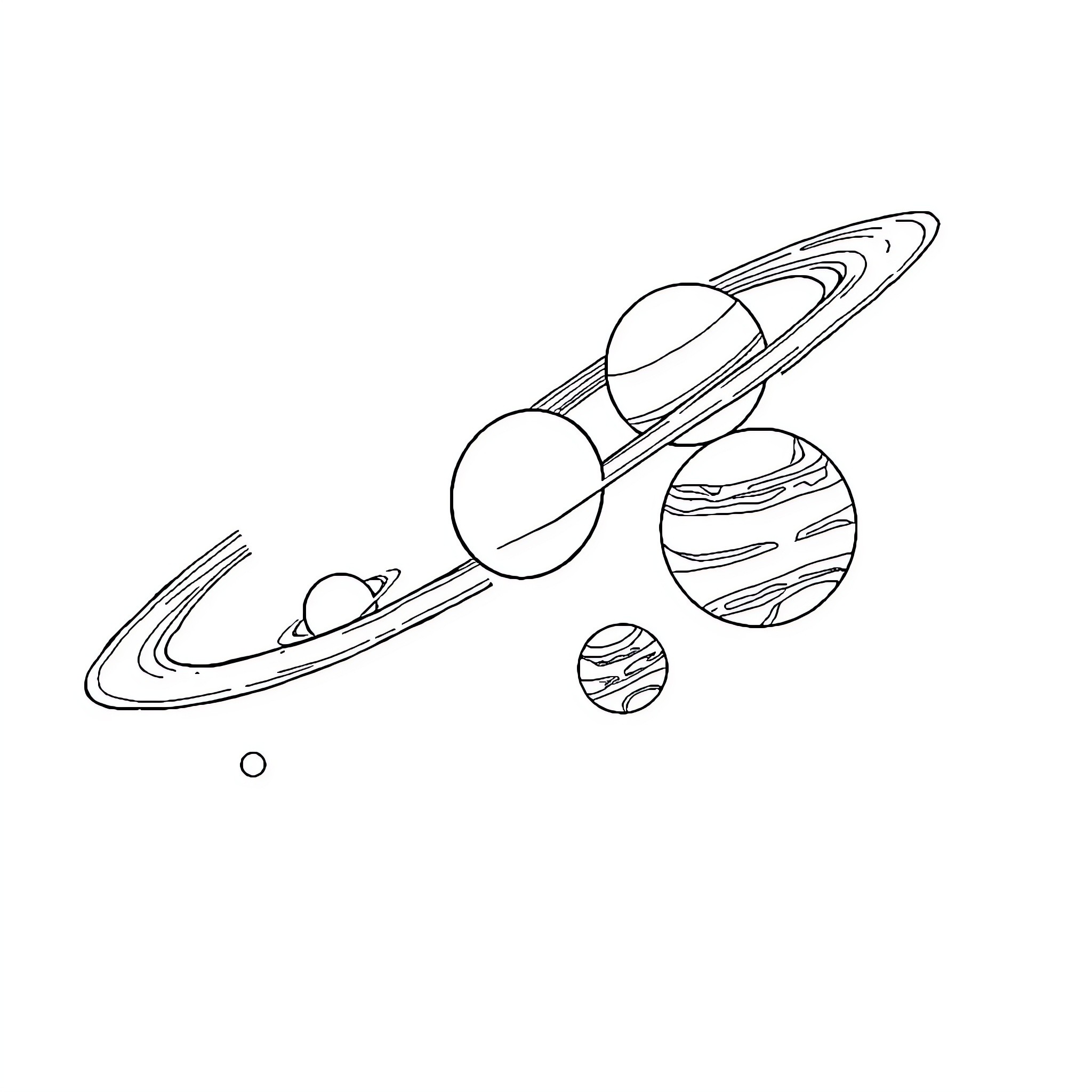 Planet system with celestial bodies in motion Coloring Page (free black-and-white line drawing printable PDF for all, from beginners to advanced learners, including children, teens, adults, and seniors)